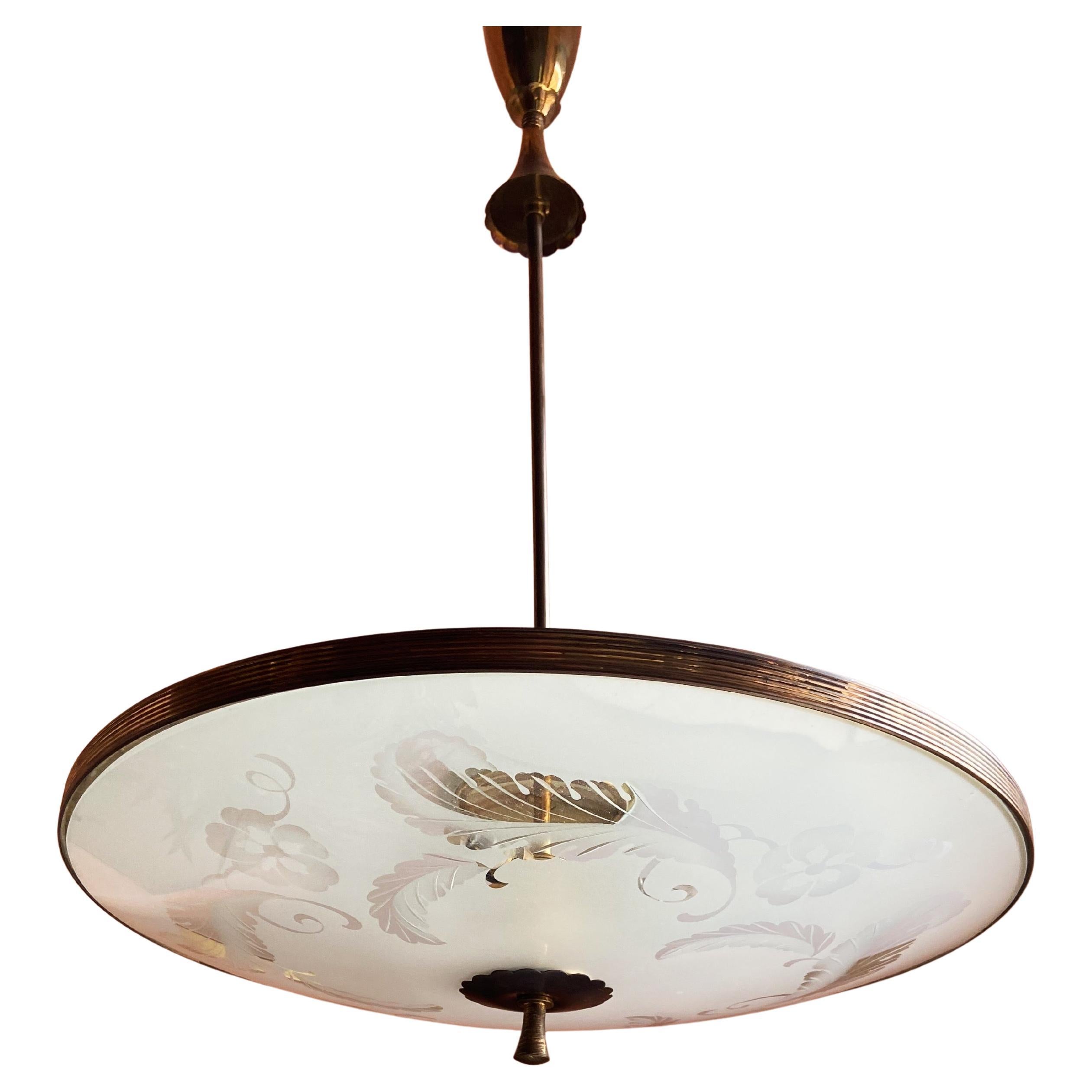 Lampada a sospensione in vetro di Murano e ottone di Pietro Chiesa per Fontana Arte in vendita