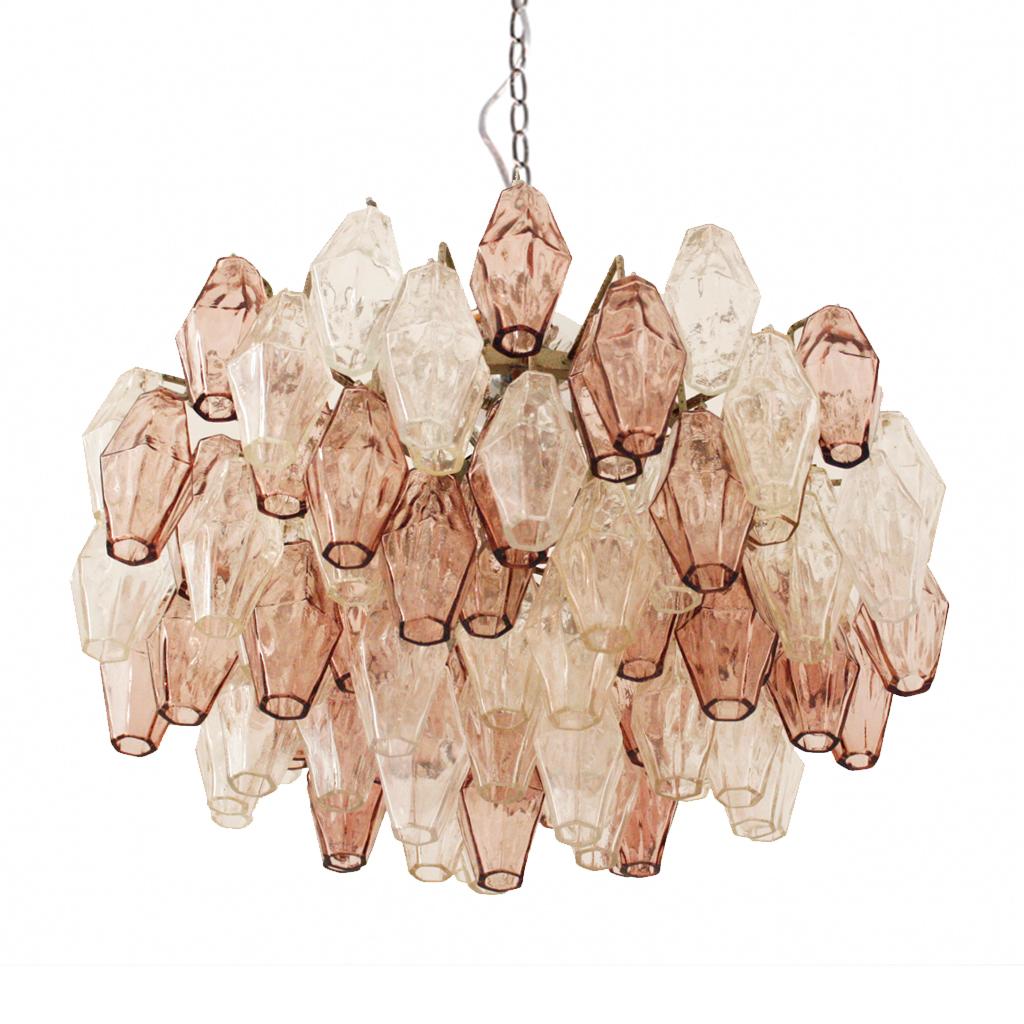Suspension lamp model “Poliedri” designed by Carlo Scarpa, edited by Venini. Composed by pieces of solid crystal over a structure made of lacquer metal, Italy.