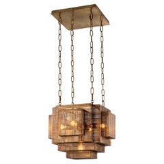 Suspension Lamp, Modernist Chandelier in Patinated Brass.