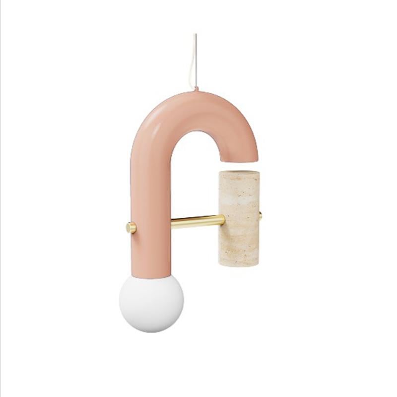 Art Déco Lampada a sospensione contemporanea Art Deco Pyppe Single II, ottone, blu e travertino in vendita