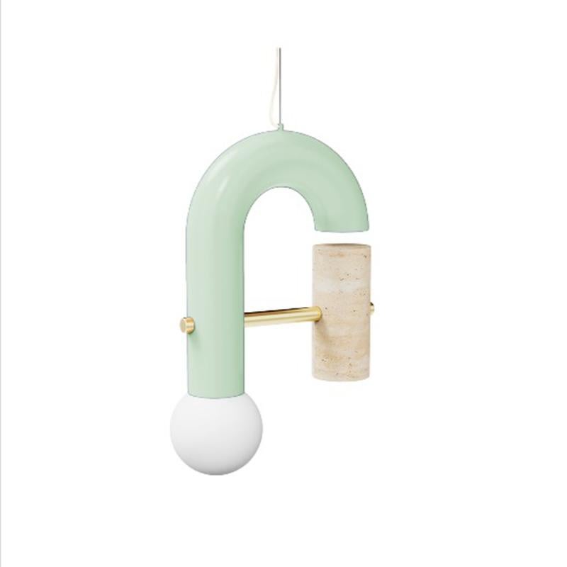 XXI secolo e contemporaneo Lampada a sospensione contemporanea Art Deco Pyppe Single II, ottone, blu e travertino in vendita