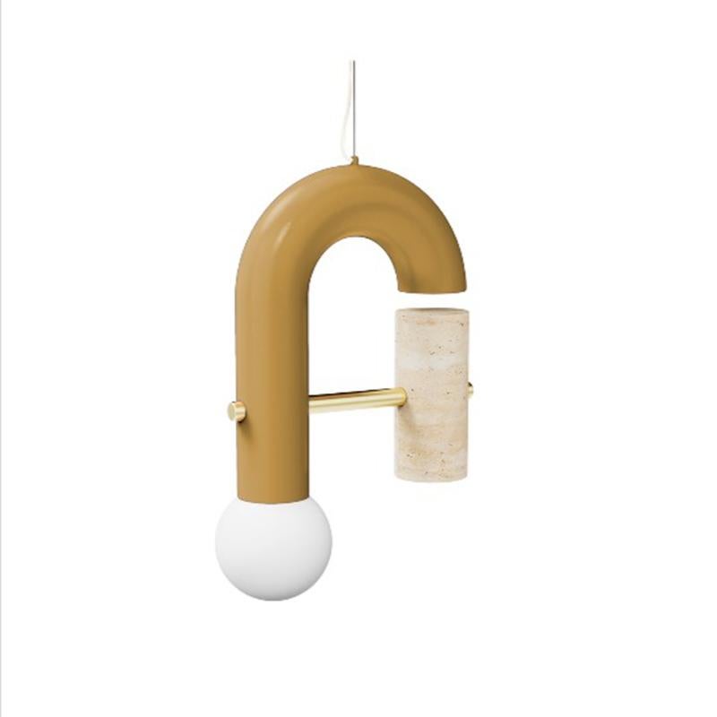 Vetro Lampada a sospensione contemporanea Art Deco Pyppe Single II, ottone, blu e travertino in vendita