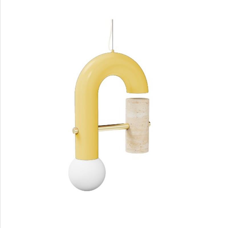 Lampada a sospensione contemporanea Art Deco Pyppe Single II, ottone, blu e travertino in vendita 1