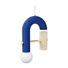 Contemporary Art Deco Pendant Lamp Pyppe Single II, Brass, Blue and Travertine