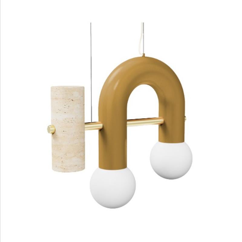 Portuguese Contemporary Art Deco Pendant Lamp Pyppe Single III, Brass, Taupe, Travertine For Sale