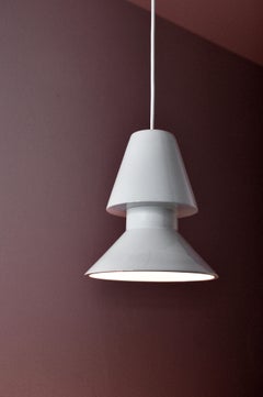 Contemporary Glossy White Stoneware Suspension Lamp, Minimalist Design TWIN 1.1