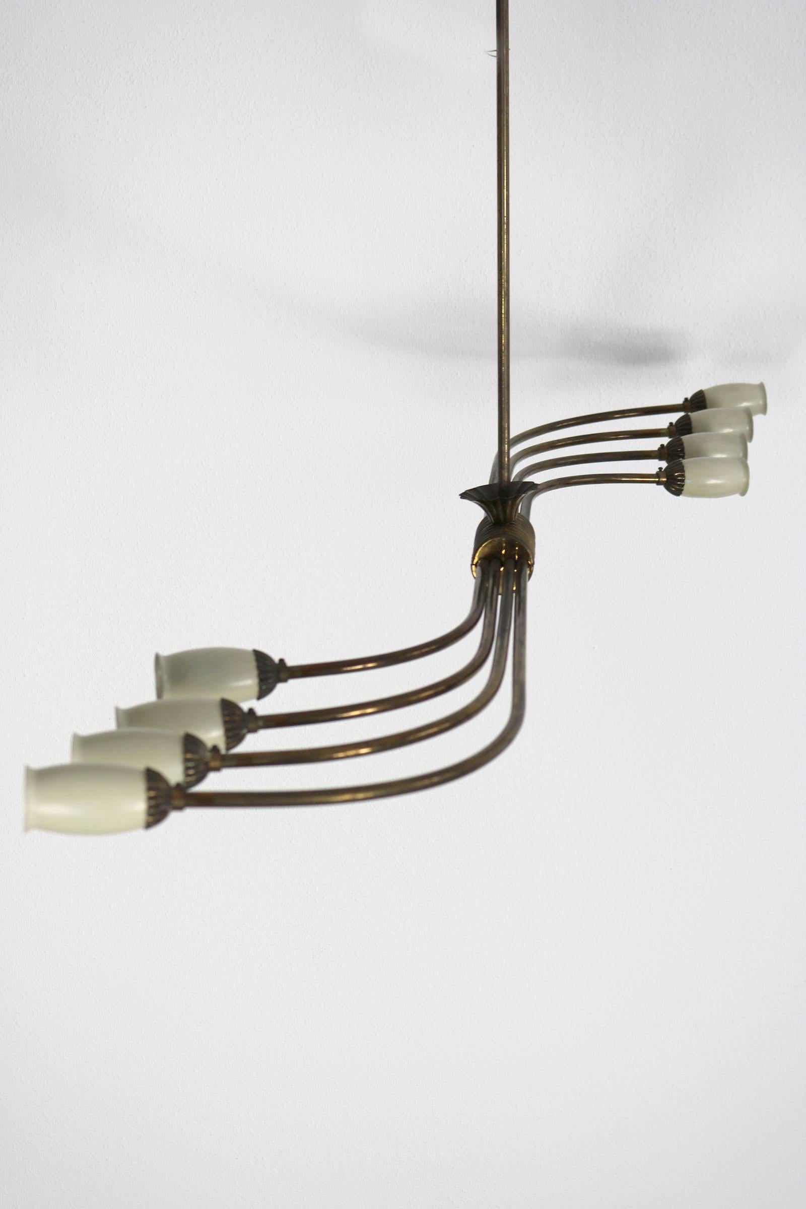 Mid-Century Modern Suspension Lamp with Eight Lights, 1950 from Italy, Brass For Sale