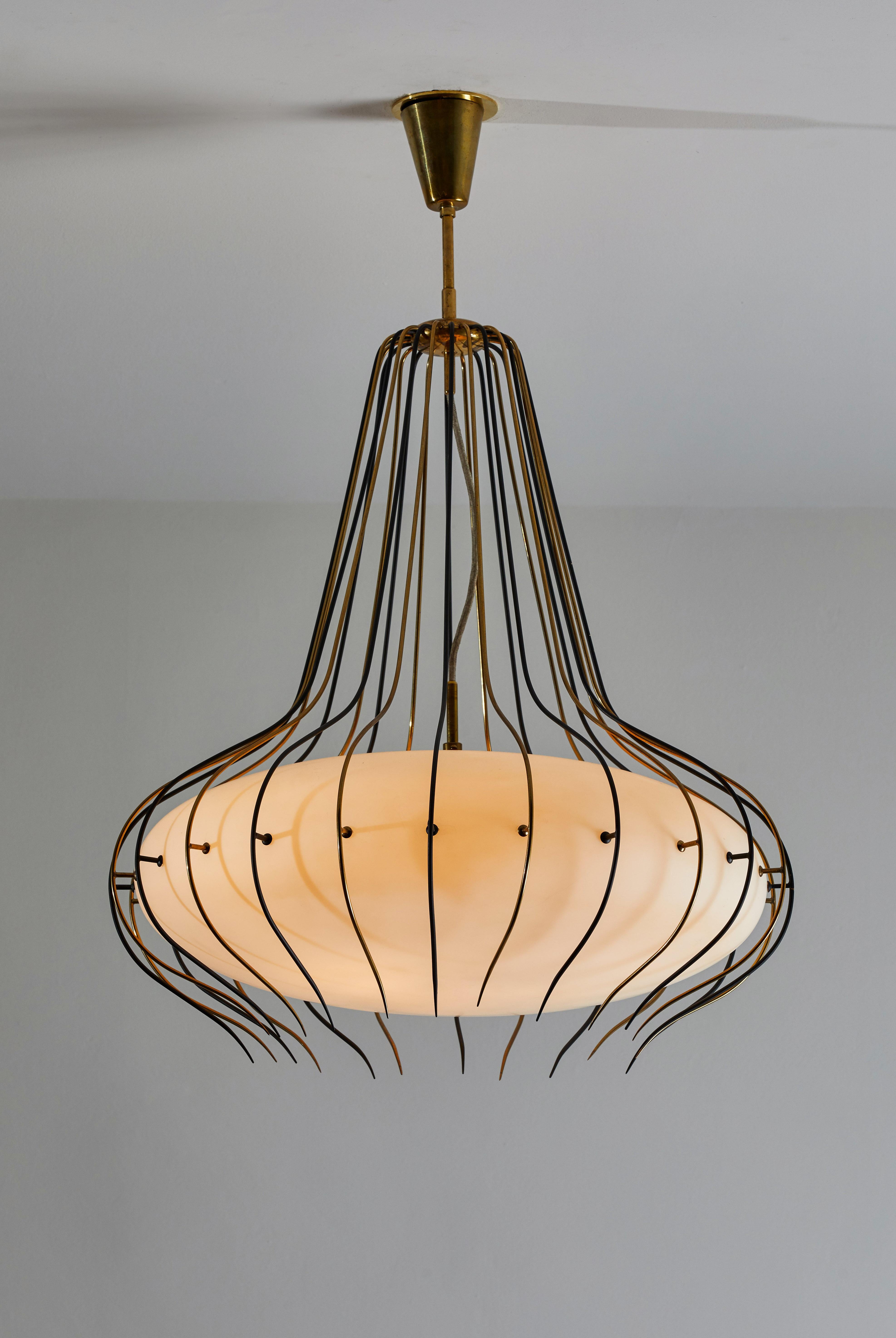 Suspension light by Angelo Lelli for Arredoluce. Designed and manufactured in Italy, circa 1950's. Brushed satin glass diffuser, enameled metal, brass. Original brass canopy, custom brass ceiling light. Takes three E27 60w maximum bulbs. Bulbs