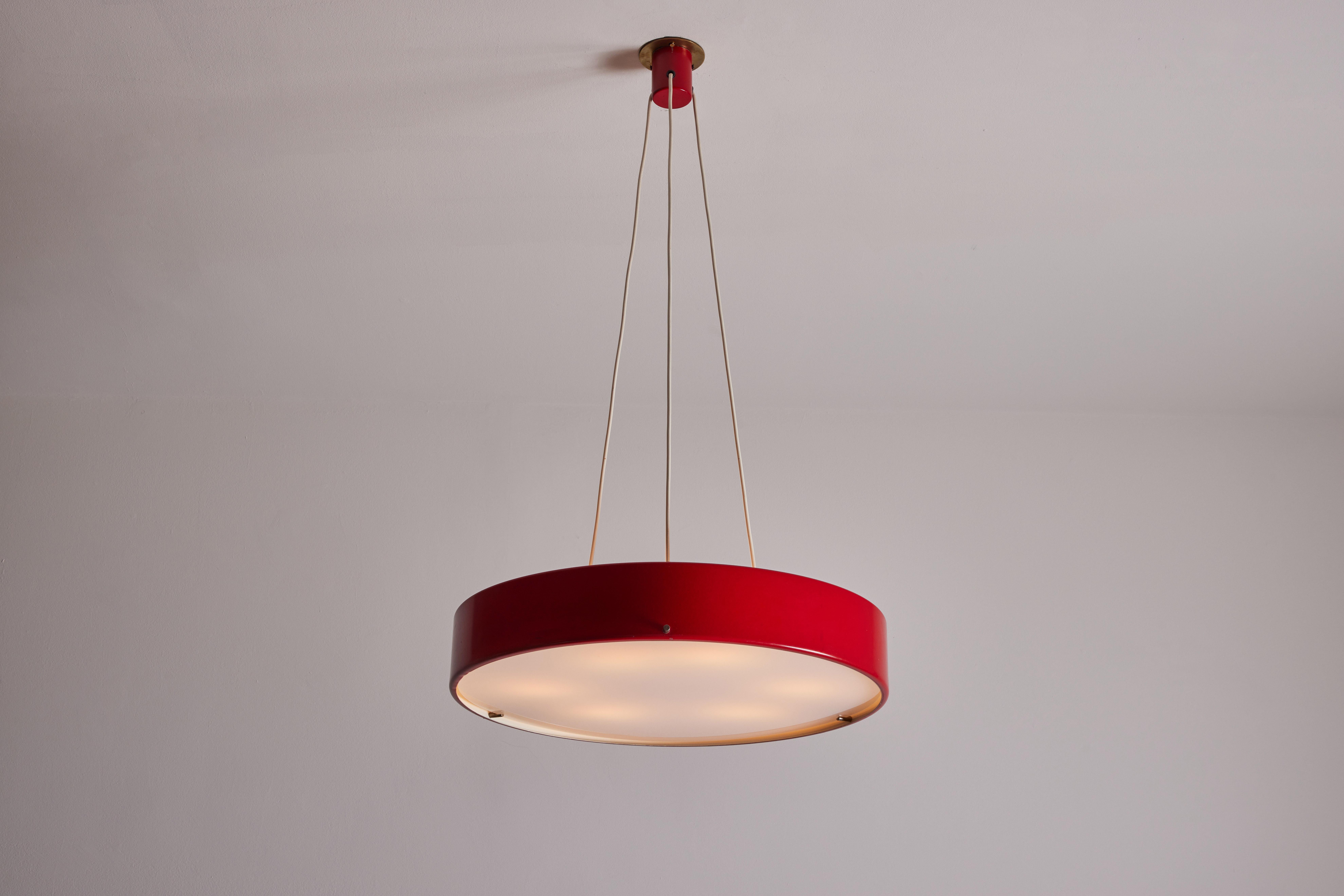 Suspension light by Bruno Gatta for Stilnovo. Designed and manufactured in Italy, circa 1950's. Painted metal, acrylic, brass. Original canopy, custom brass backplate. Rewired for U.S. standards. We recommend six E27 25w maximum bulbs. Bulbs