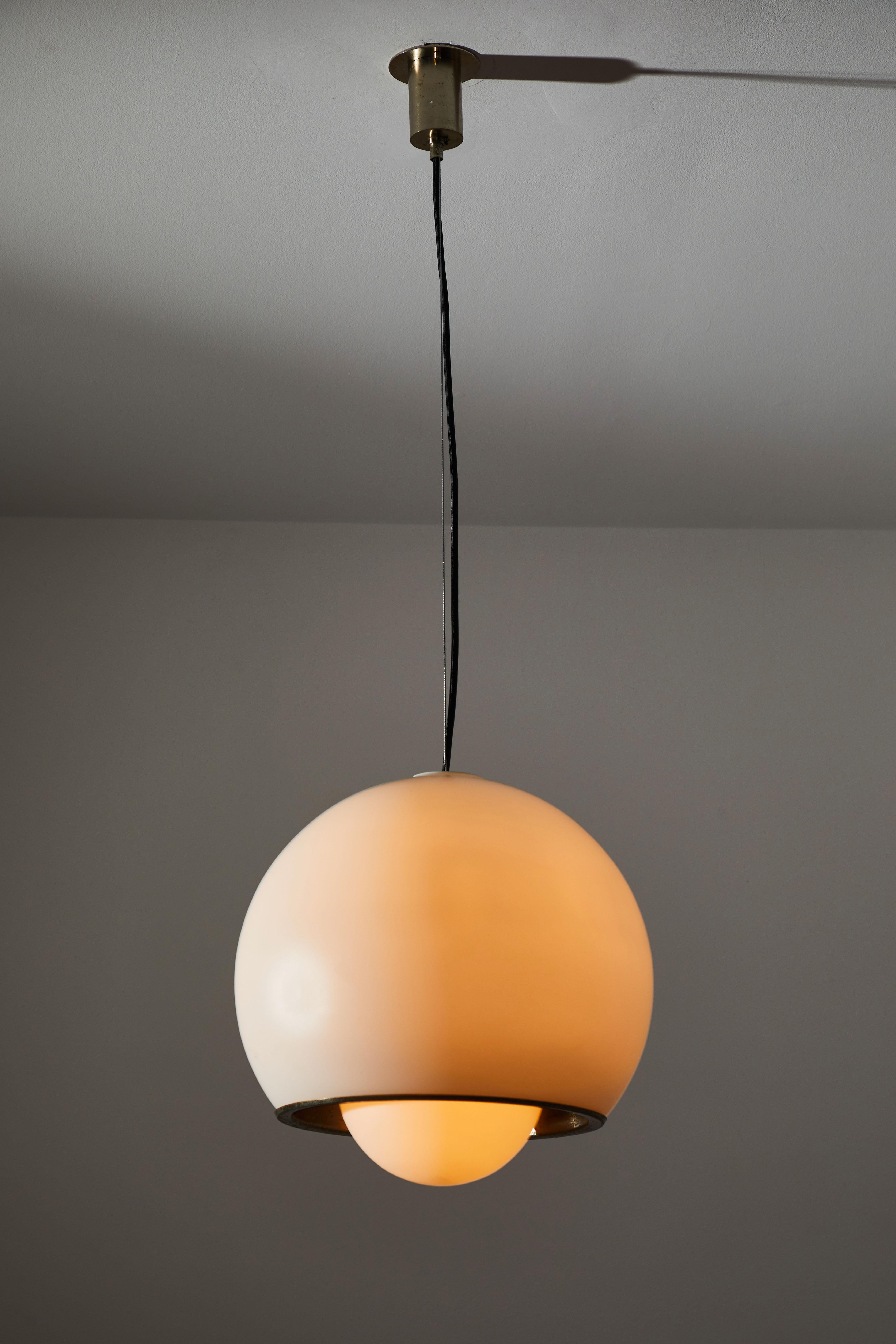 Suspension light by Fontana Arte. Designed and manufactured in Italy, circa 1960s. Satin glass diffuser, satin nickel hardware. Custom ceiling plate. Rewired for U.S. standards. We recommend one E27 60 watt maximum bulb. Bulb provided as a one time