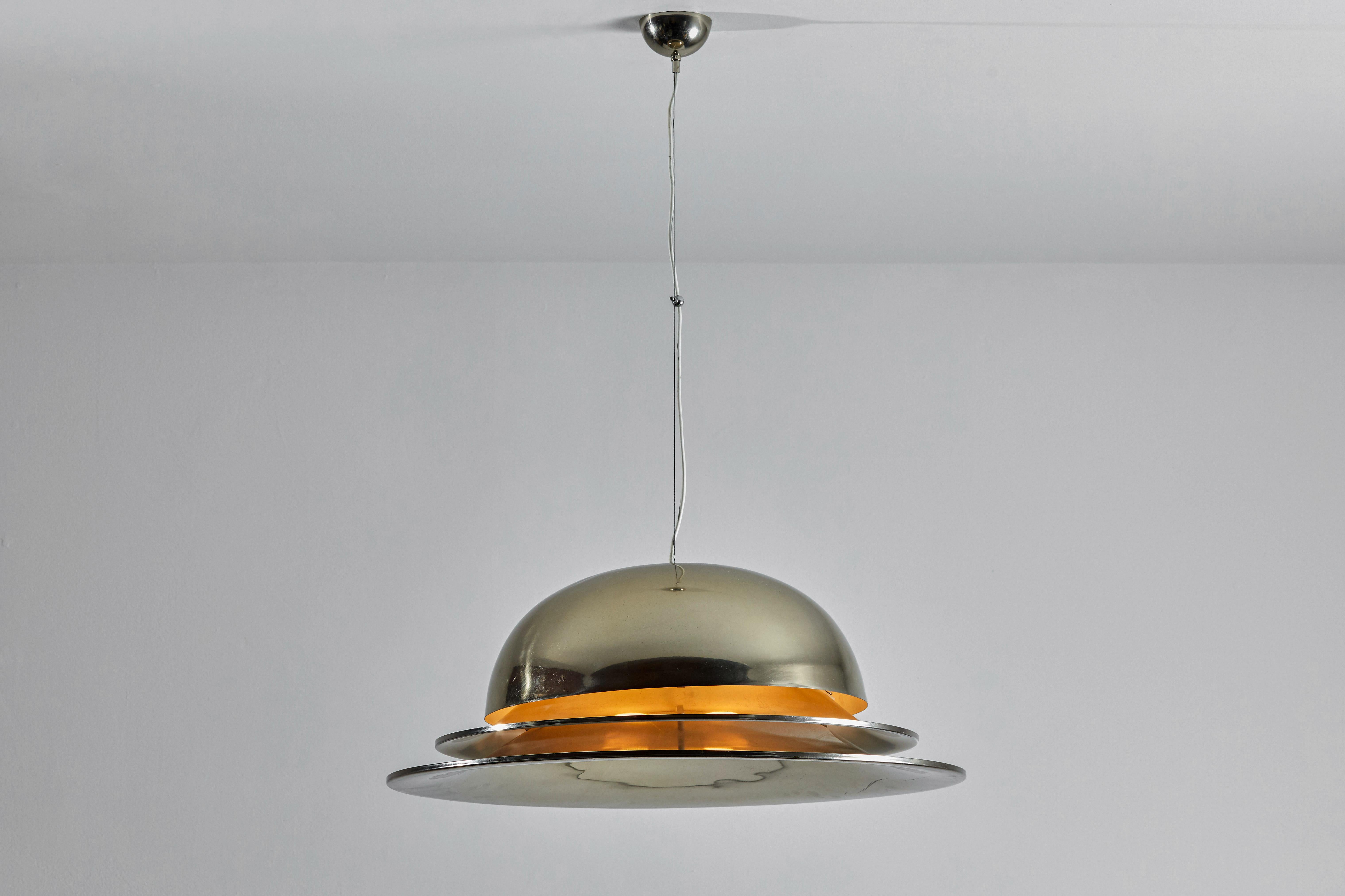 Lanzichenecchi suspension light by Gianemilio Piero and Anna Monti for Fontana Arte. Designed and manufactured in Italy, 1967. Nickel plated brass, satin glass diffuser. Rewired for U.S. junction boxes. Takes one E27 75w maximum bulb. Bulbs provided