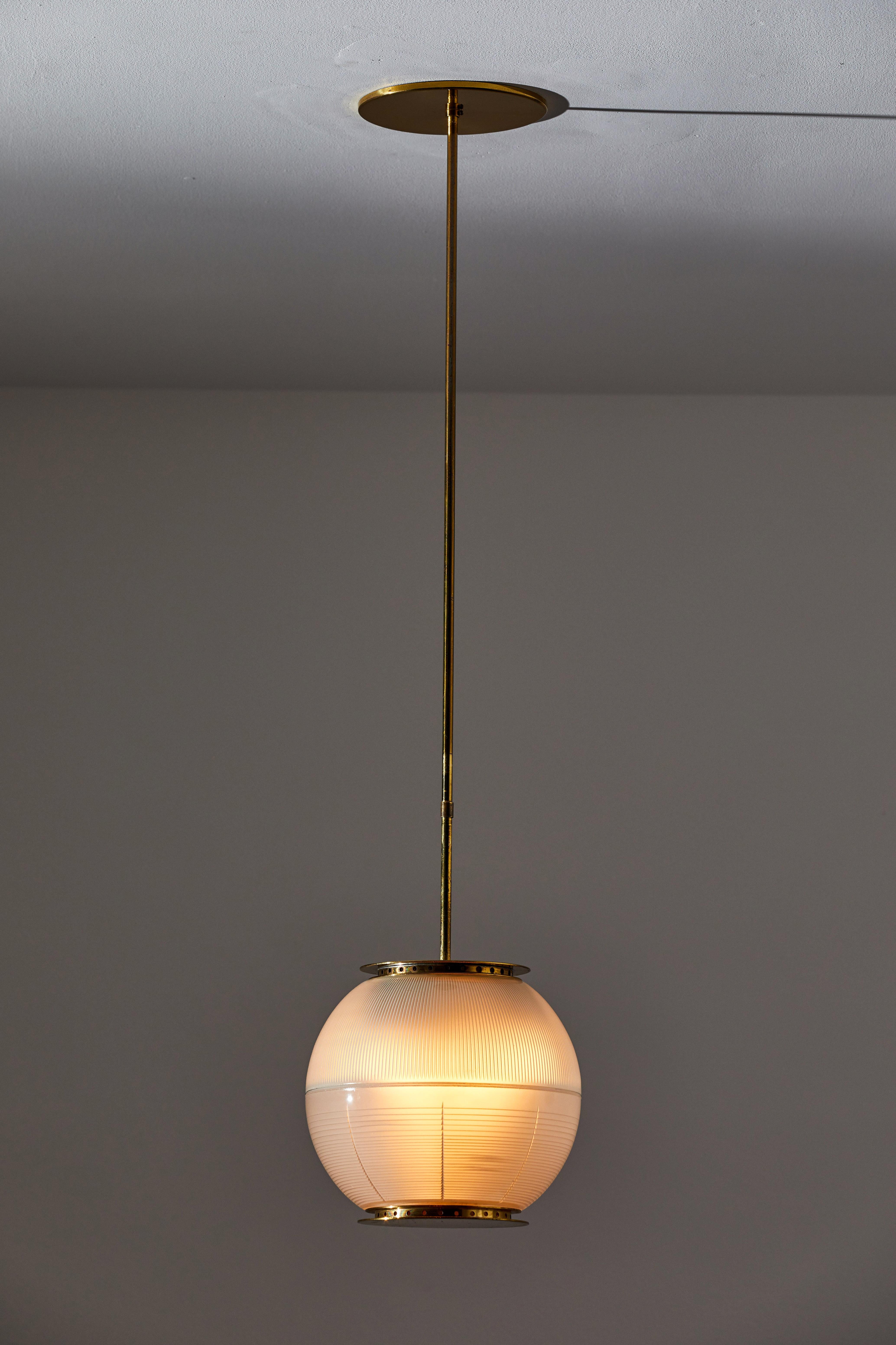 Suspension light by Ignazio Gardella for Azucena. Designed and manufactured in Italy, circa 1950s. Opaline glass diffuser, brass hardware. Custom brass canopy. Rewired for U.S. junction boxes. Takes three E27 60w maximum bulbs. Bulbs provided as a