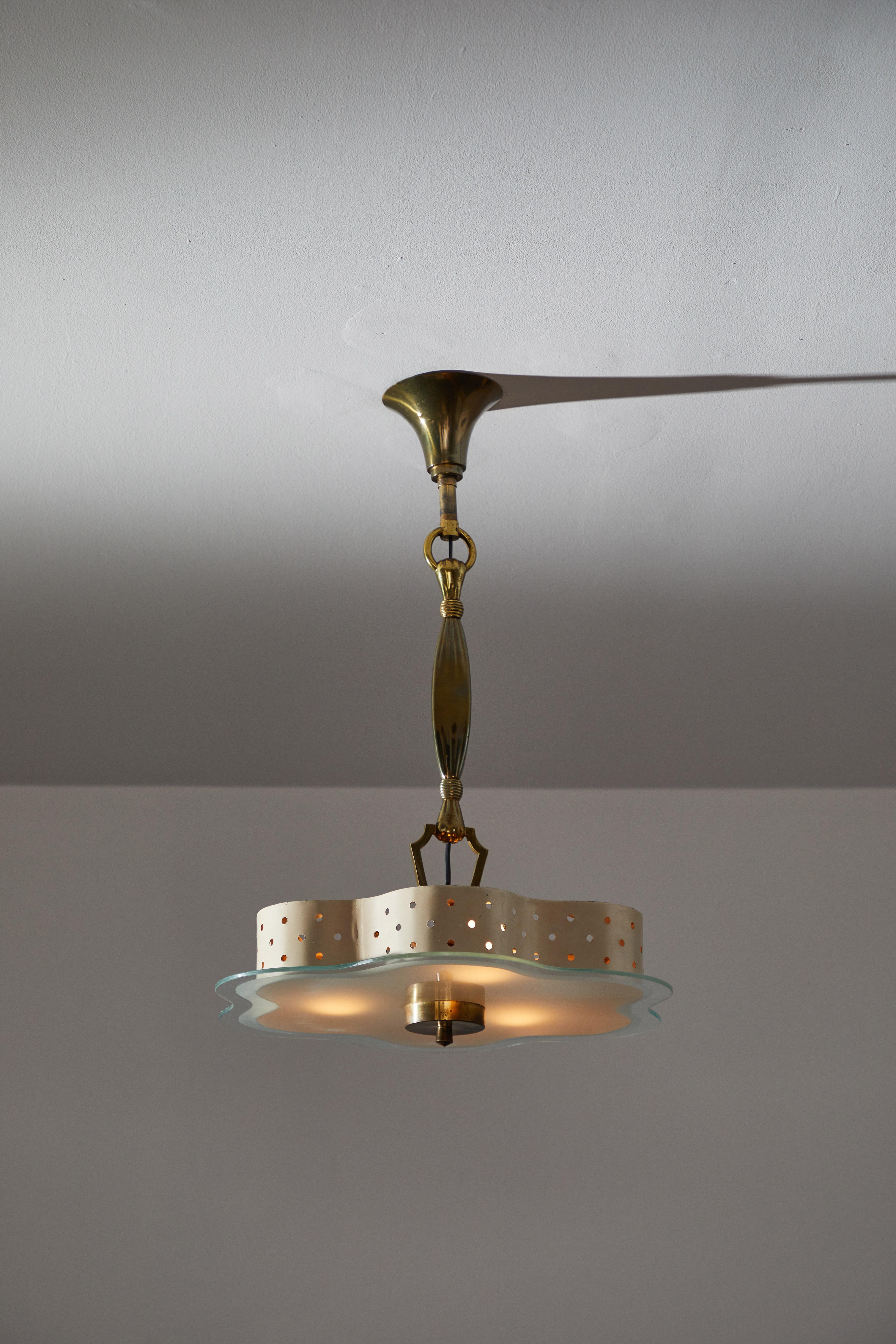 Suspension light by Lunel. Manufactured in France, circa 1950s. Rewired for U.S. standards. Glass, original enameled aluminum finish. Cast brass hands detail supporting the frame. This fixture has three sockets. We recommend three E27 25-60w maximum