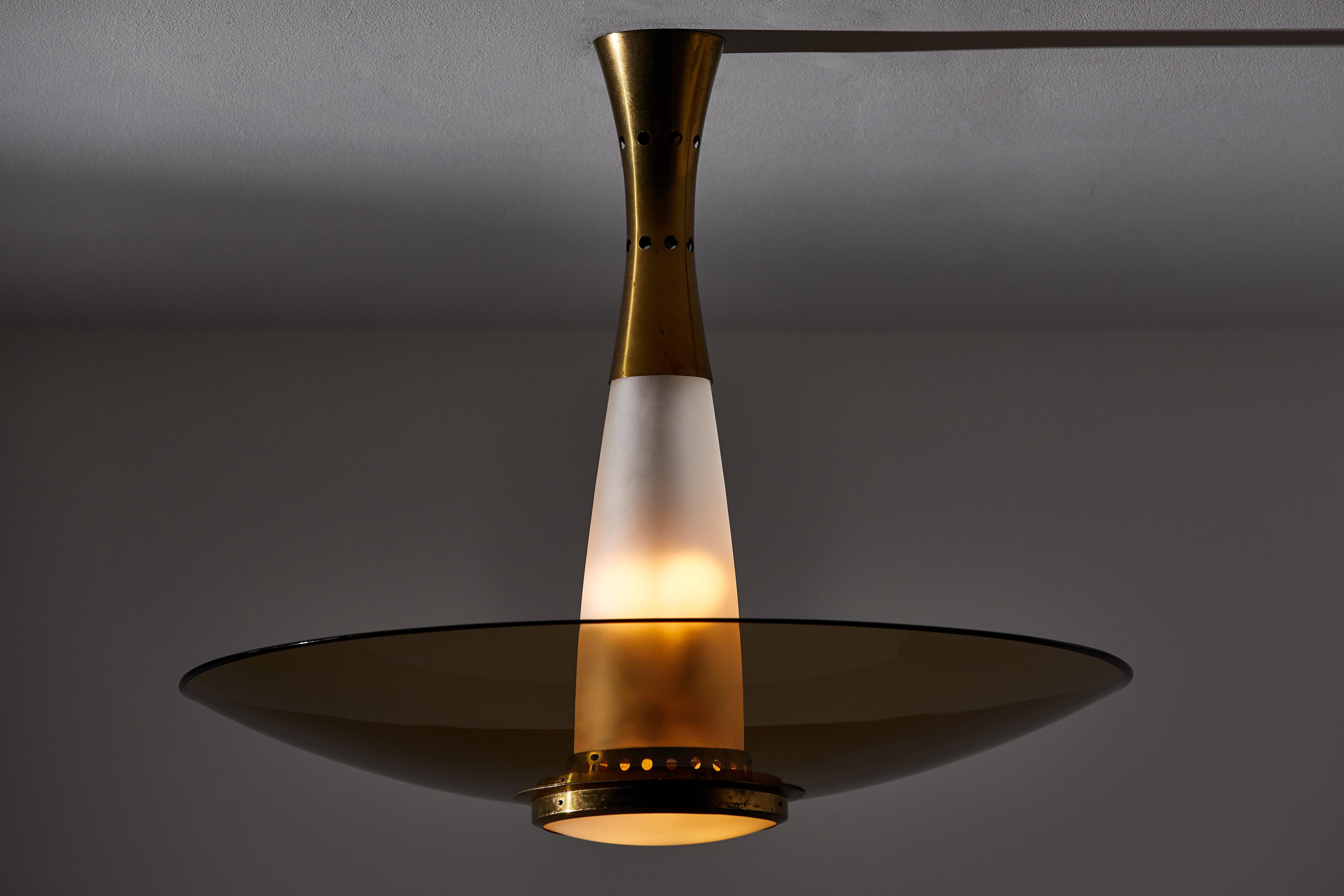 Suspension light by Max Ingrand for Fontana Arte. Designed and manufactured in Italy, 1959. Glass, brass. Rewired for U.S. junction boxes. Original canopy. Takes six E27 50w maximum bulbs. Bulbs provided as a one time courtesy. Literature: Max
