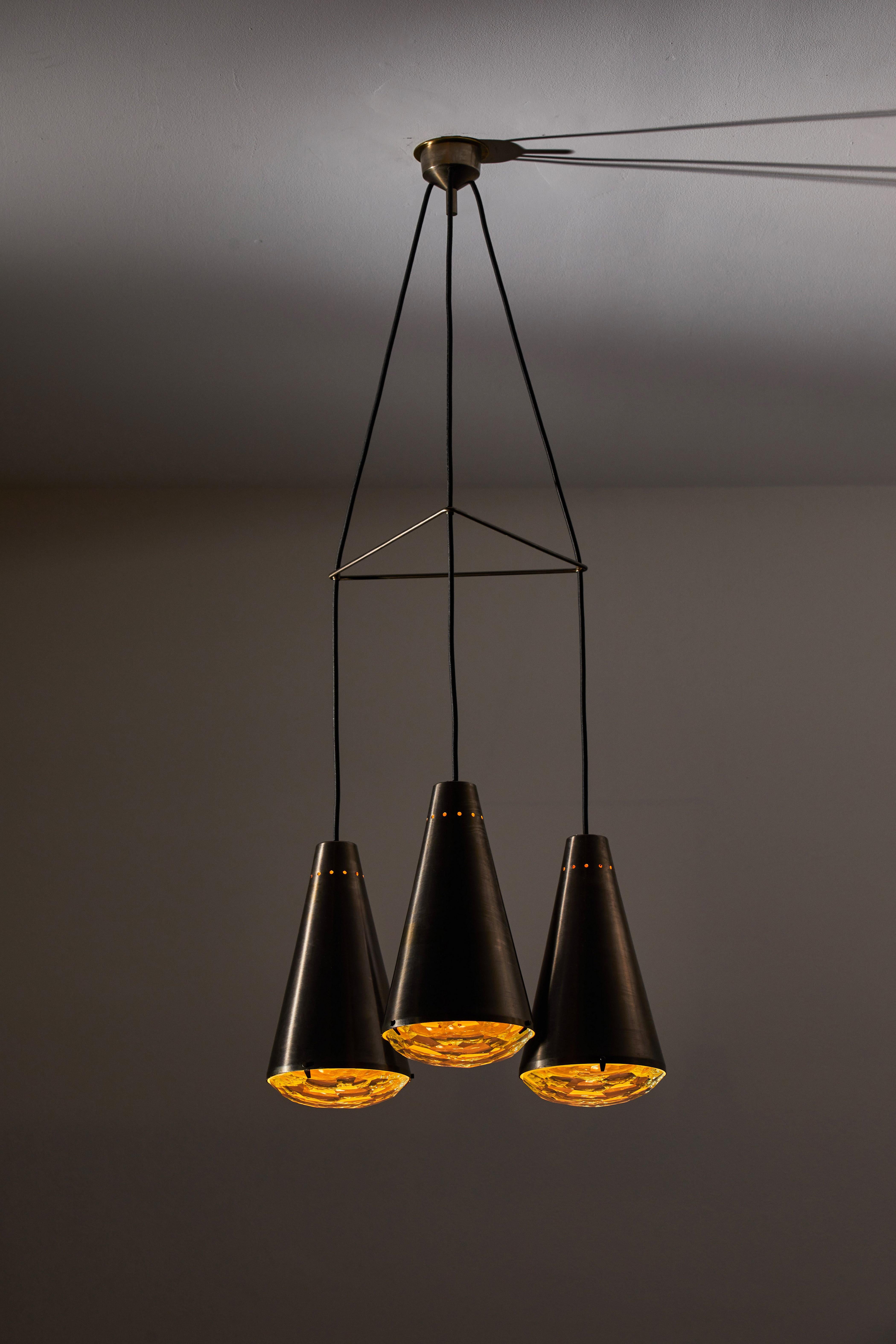 Suspension light by Max Ingrand for Fontana Arte. Designed and manufactured in Italy, in 1960. Nielloed metal frame, cut glass gem diffusers. Original canopy, custom brass ceiling plate. Wired for U.S. standards. We recommend three E27 60w maximum
