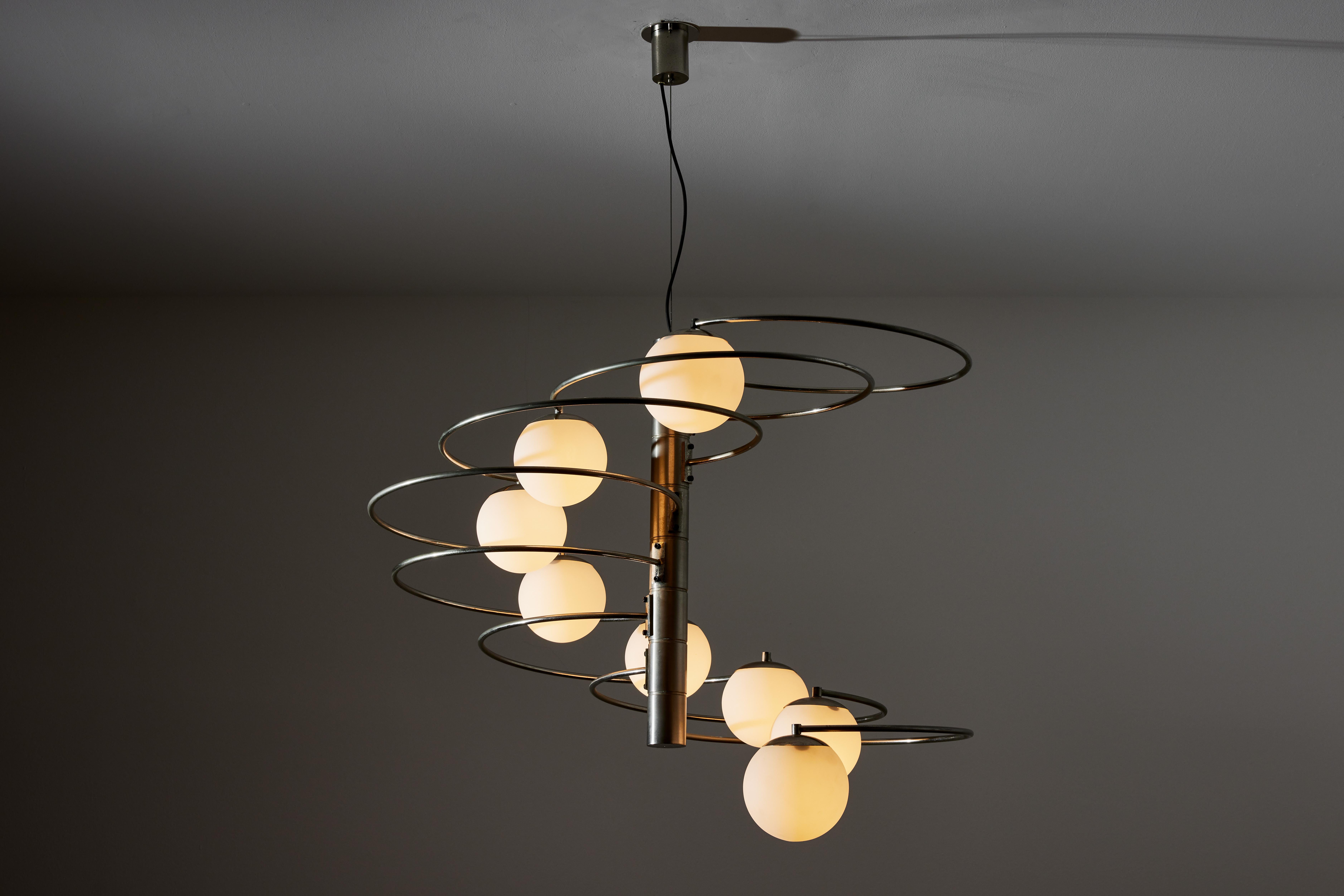 Suspension light by Pia Guidetti Crippa for Lumi. Designed and manufactured in Italy, circa 1970s. Brushed nickel, opaline glass. Custom nickel ceiling plate. Rewired for U.S. standards. We recommend eight E14 40w maximum bulbs. Bulbs provided as a