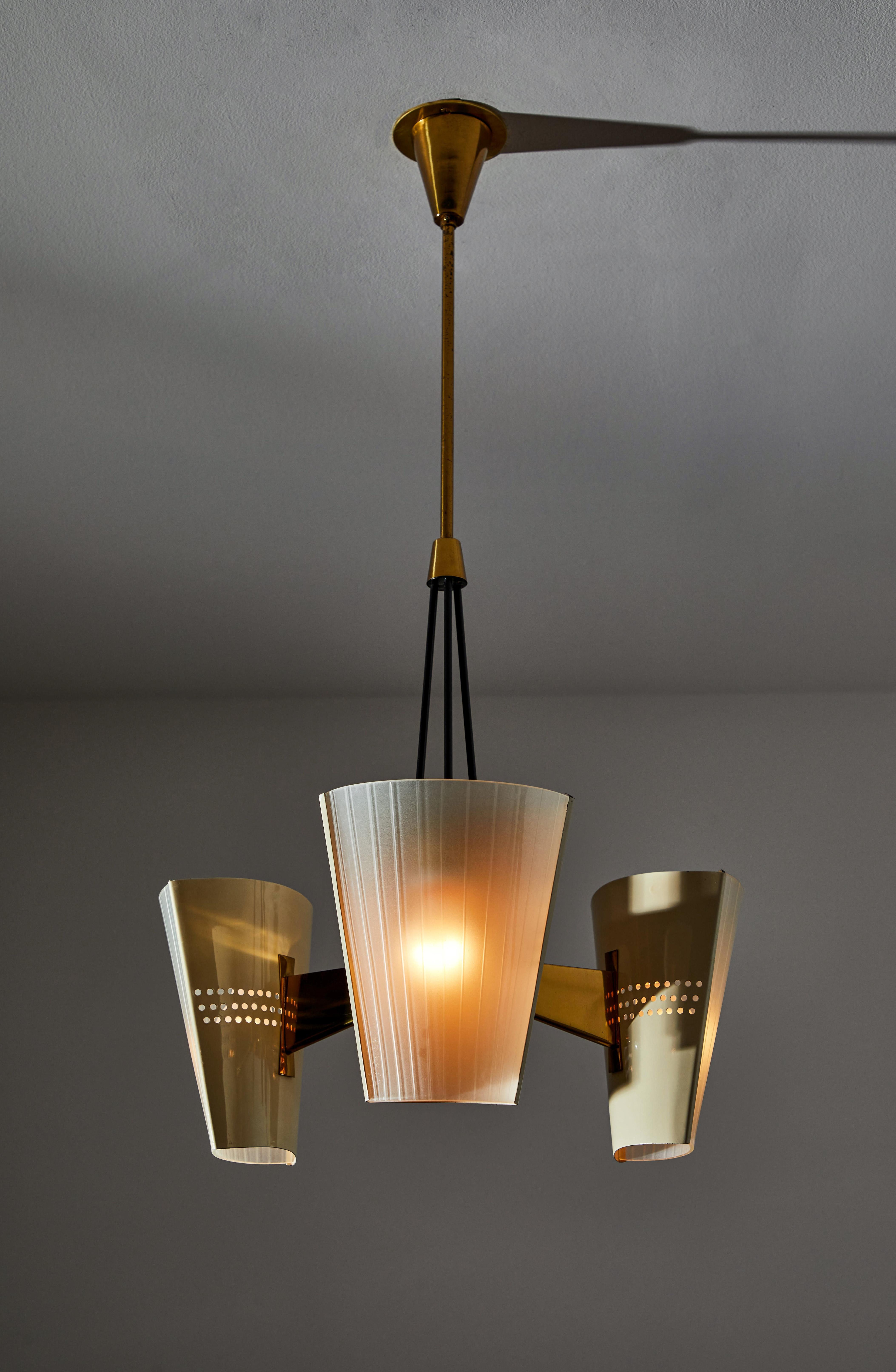 Suspension light by Stilnovo. Manufactured in Italy, circa 1950s. Enameled metal, etched glass. Rewired for U.S. standards. Custom brass ceiling plate. We recommend three E27 60w maximum bulbs. Bulbs included as a one time courtesy.
  