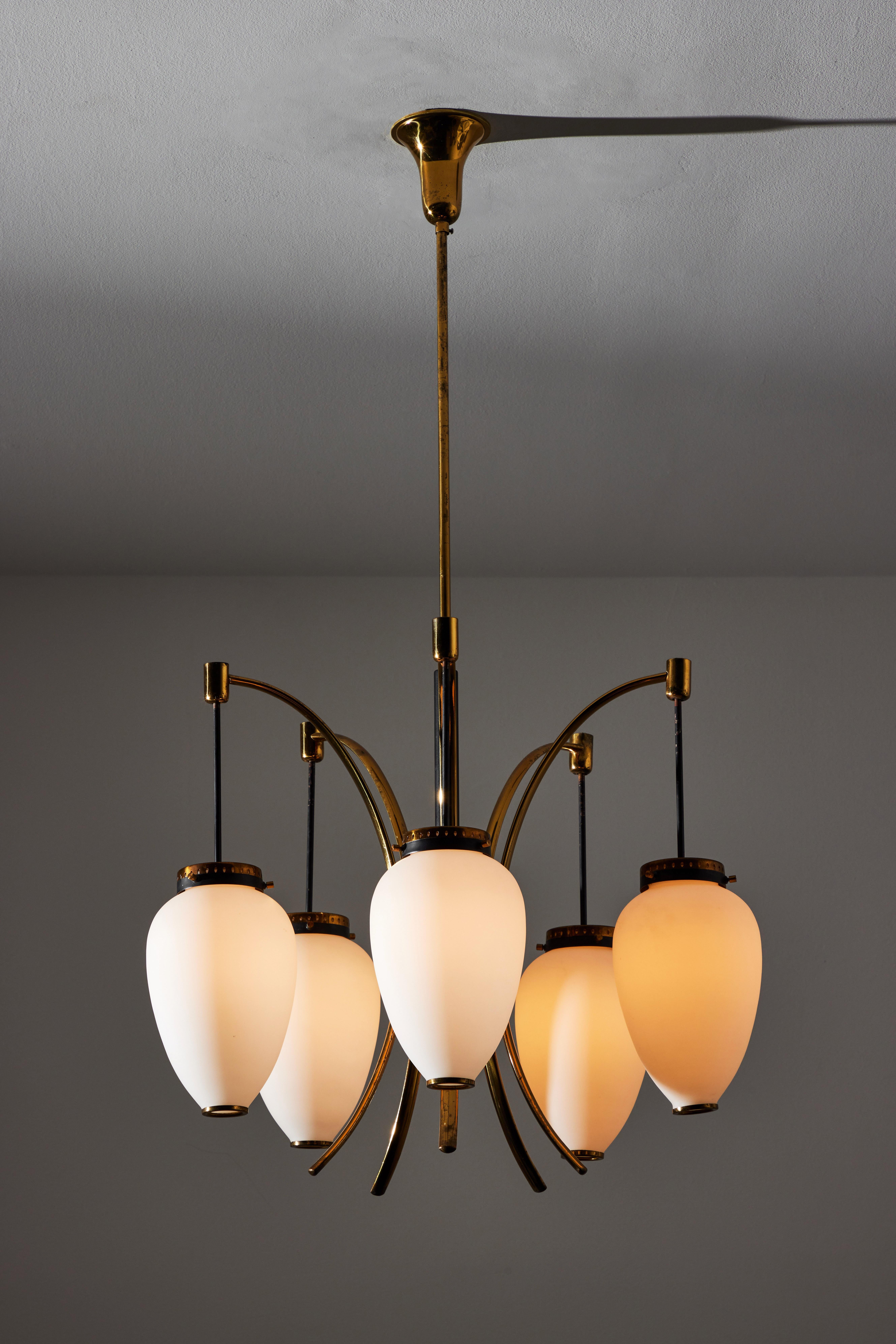 Suspension light by Stilnovo. Manufactured in Italy, circa 1950s. Brushed satin glass diffusers, brass armature. Custom brass ceiling plate. Rewired for U.S. standards. We recommend five E14 40w maximums bulbs. Bulbs provided as a one time courtesy.