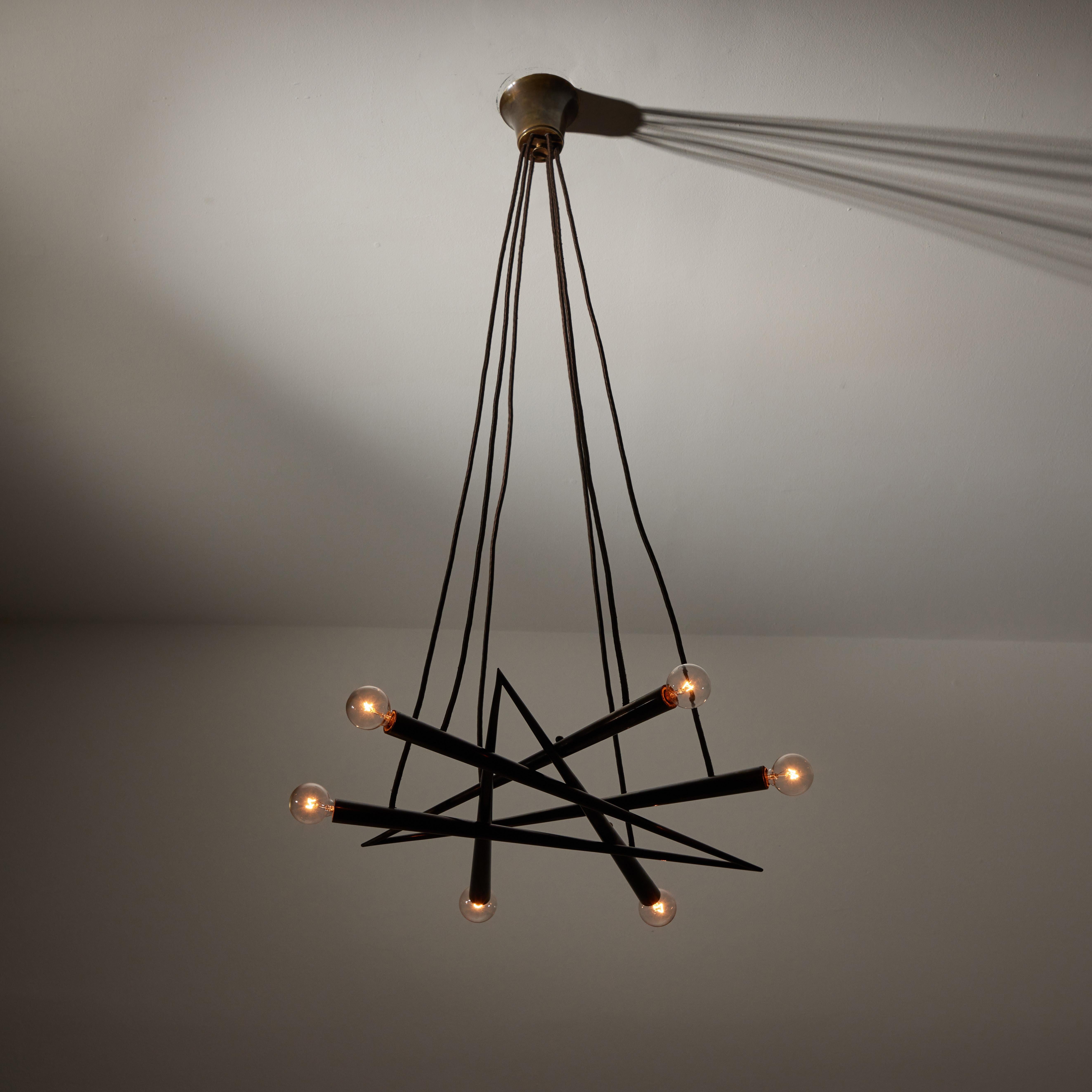 Suspension Light by Stilnovo. Manufactured in Italy, circa 1950's. Brass, original canopy, custom brass ceiling plate. Wired for U.S. standards. We recommend six E14 40w maximum candelabra bulbs. Bulbs not included.