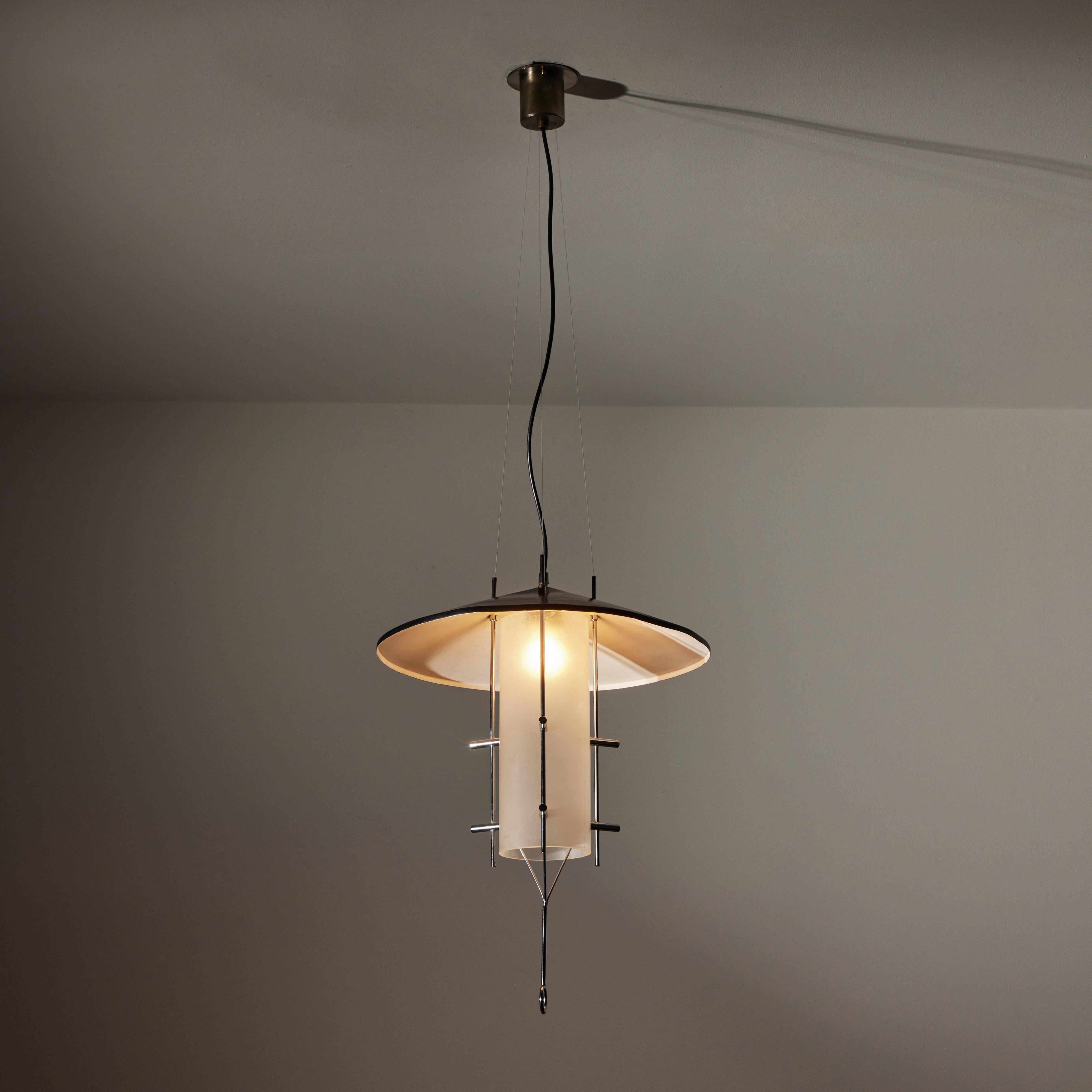Suspension Light by Stilnovo. Manufactured in Italy, circa 1960's. Painted metal, acrylic. Lacquered metal and nickel-plated brass. Opal glass diffuser. Rewired for U.S. standards. We recommend one E27 100w maximum bulb. Bulbs not included.