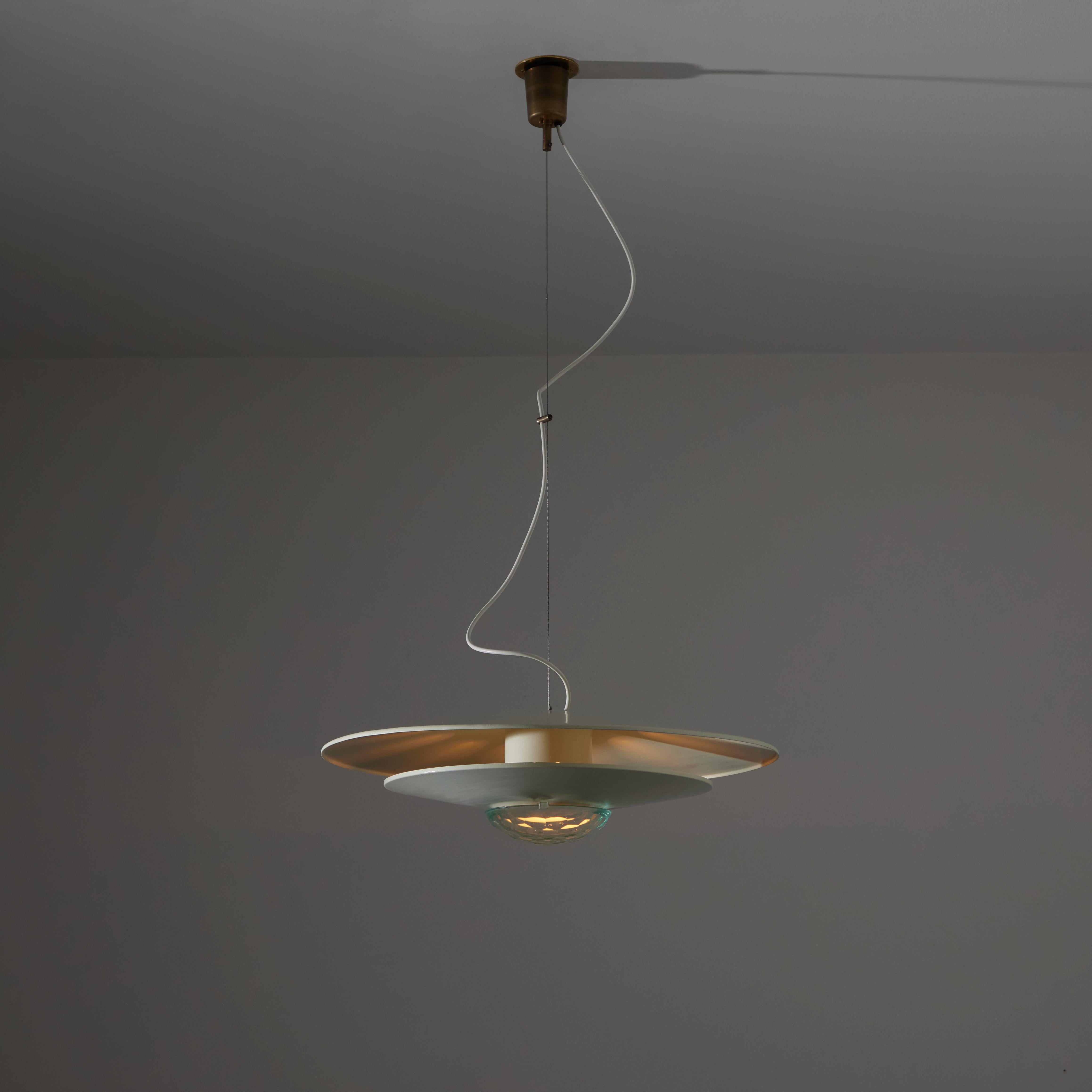 Suspension Light by Stilnovo. Designed and manufactured in Italy, circa the 1960s. Two-tiered double dishes paired with a gem cut glass bottom diffuser. The light holds a single E27 socket type, adapted for the US. We recommend a single 40-60w max