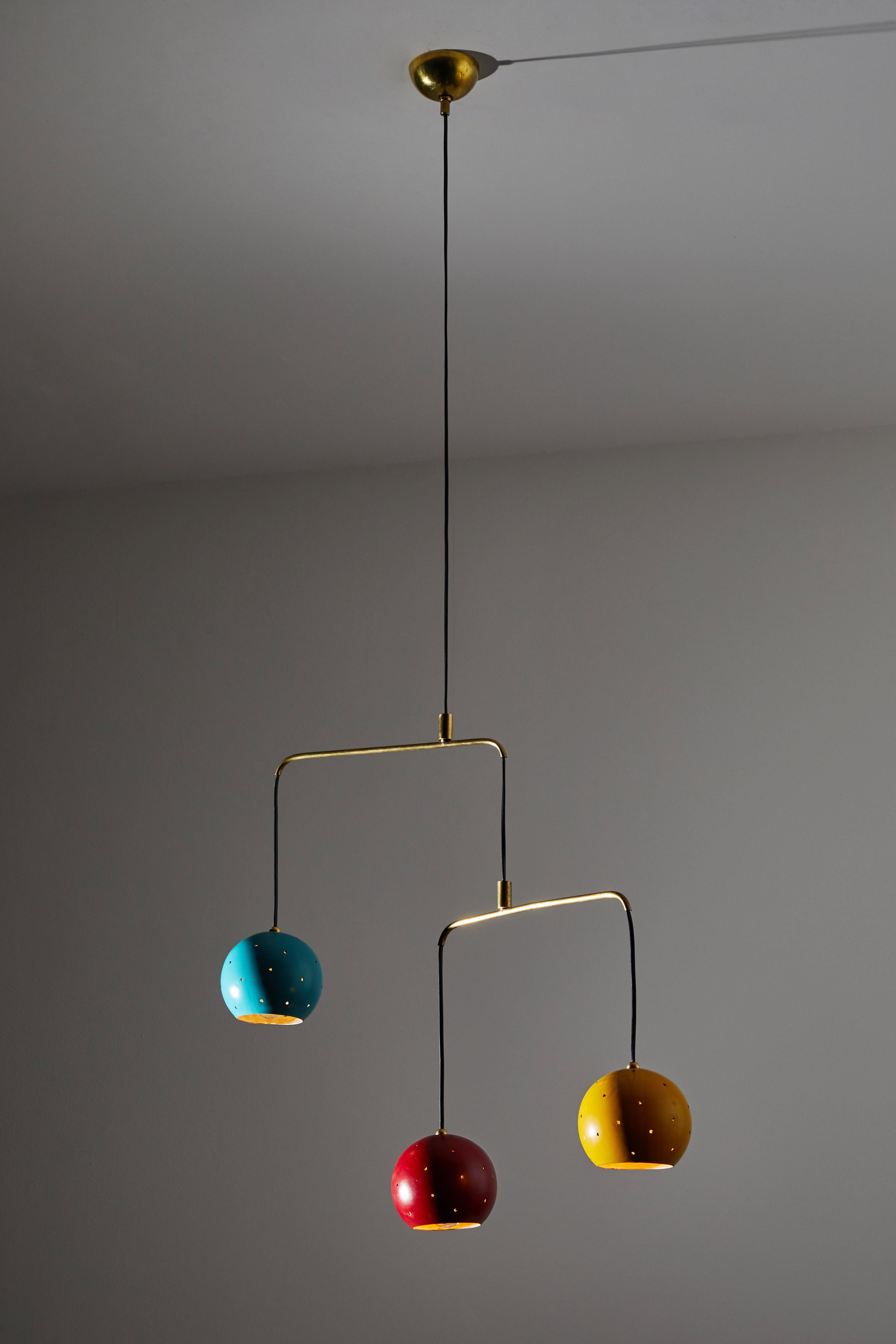Mobile Chandelier by Stilux. Manufactured in Italy, circa 1950s. Enameled aluminum, brass. Rewired for U.S. junction boxes. Custom brass ceiling plate. Takes three E27 100w maximum bulbs.