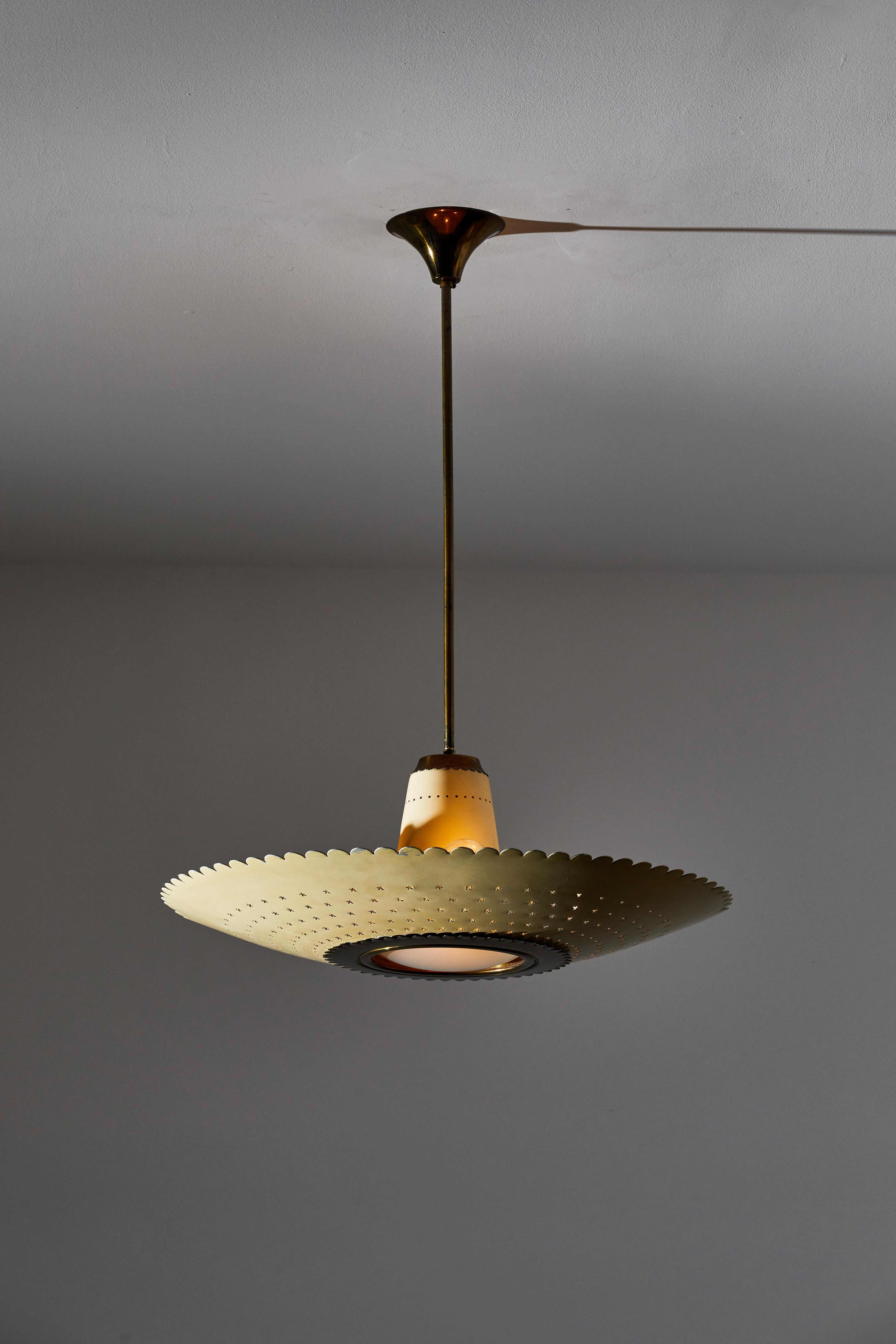 Suspension light by Stilux. Designed and manufactured in Italy, circa 1950s. Lacquered metal and brass, glass lens. Custom brass ceiling plate. Rewired for U.S. standards. We recommend four E14 25w maximum bulbs and one E26 40w maximum bulb. Bulbs