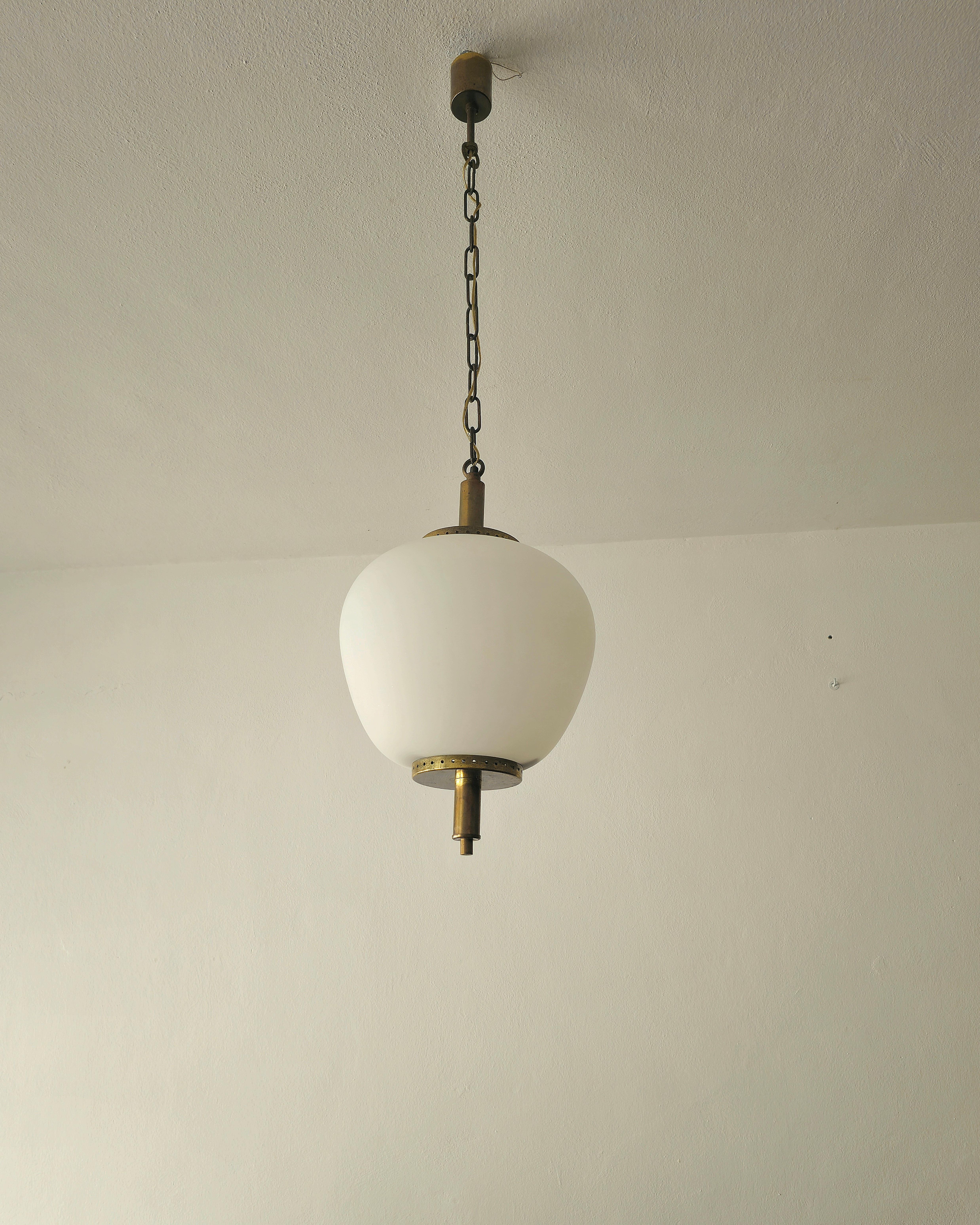 Italian Mid-Centurty Modern Suspension Pendant  Glass Brass Caccia Dominioni Italy 1950s For Sale