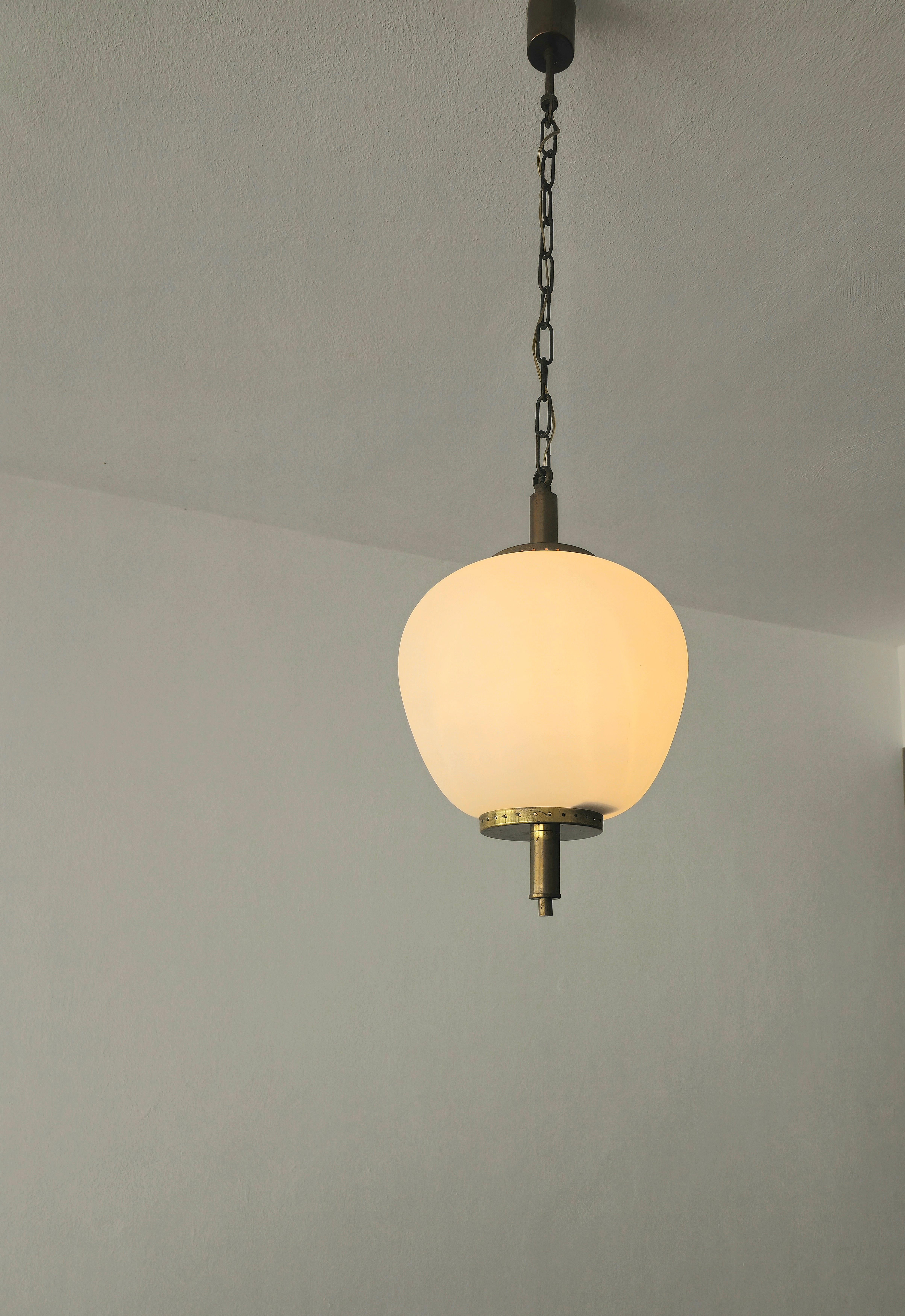 20th Century Mid-Centurty Modern Suspension Pendant  Glass Brass Caccia Dominioni Italy 1950s For Sale