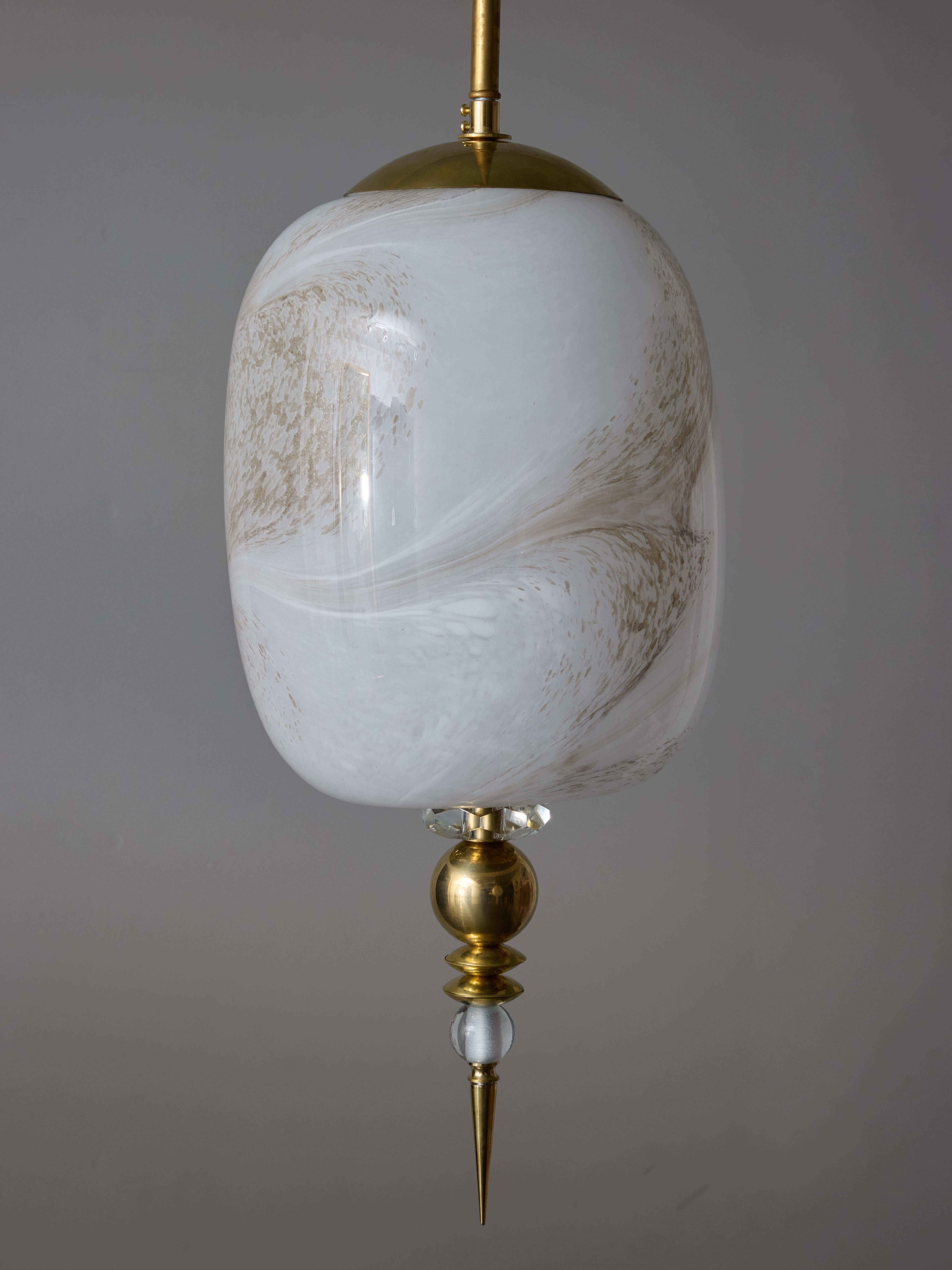 Contemporary Suspensions in Brass with Painted Glass Globes For Sale