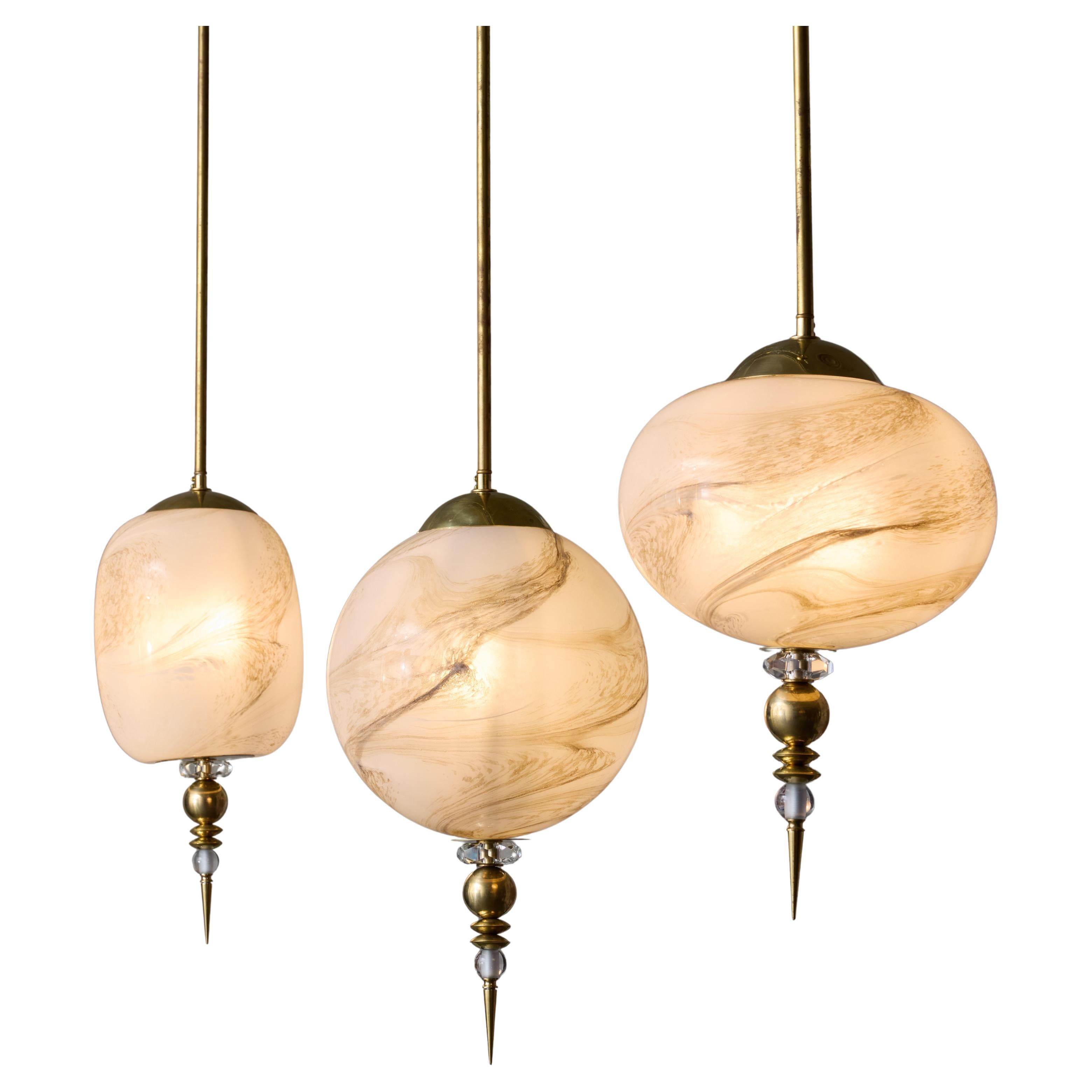 Suspensions in Brass with Painted Glass Globes