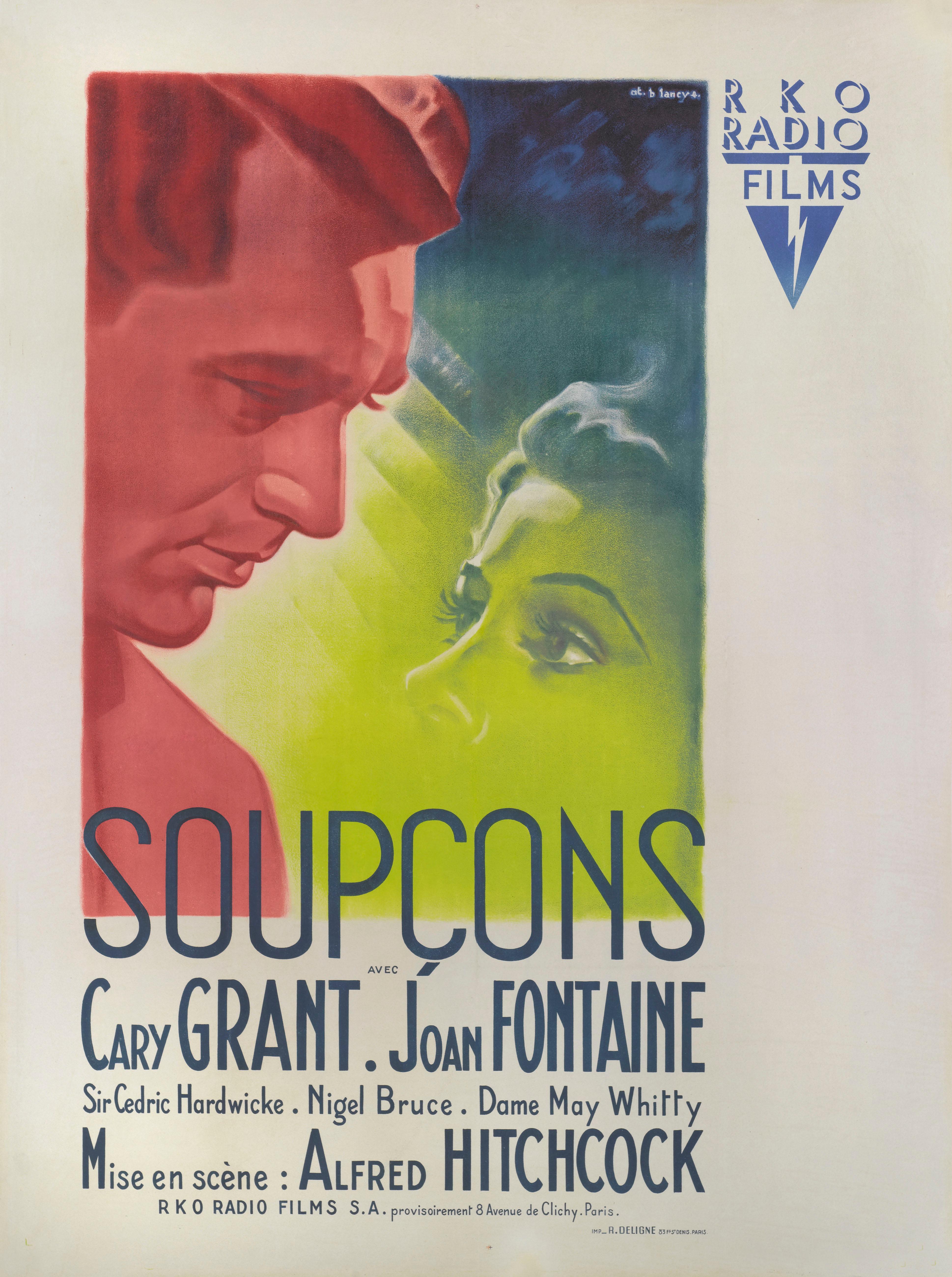 Original French film poster for Suspicion, 1941. This poster is from the film's first French release in 1946.
This poster by Bernard Lancy (1892-1964) Bernard Lancy was a prolific creator of film posters, and designed the artwork for many notable