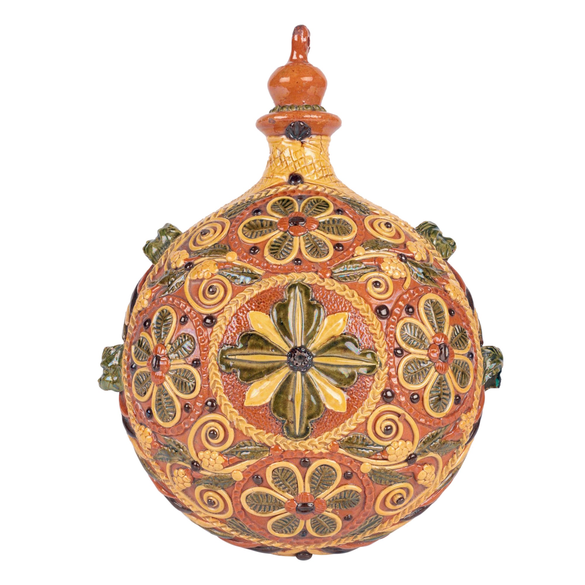 Sussex Slipware Pottery Floral Pilgrim Flask & Cover