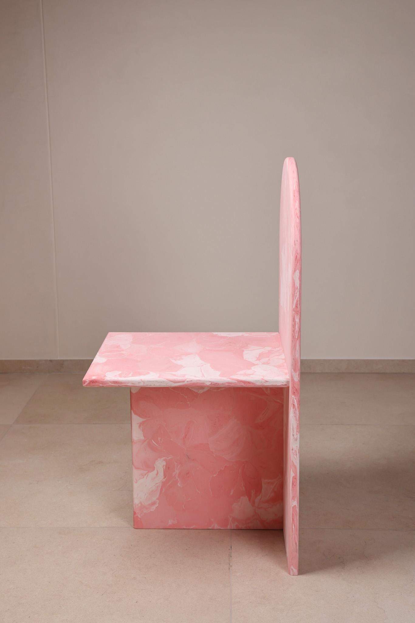 Contemporary Pink Chair Hand-Crafted from 100% Recycled Plastic by Anqa Studios.
Both pragmatically perfect in design and a unique style statement, the ANQA Moonrise Chair is made for fans of 80s trends, modern and geometric shapes. The ANQA