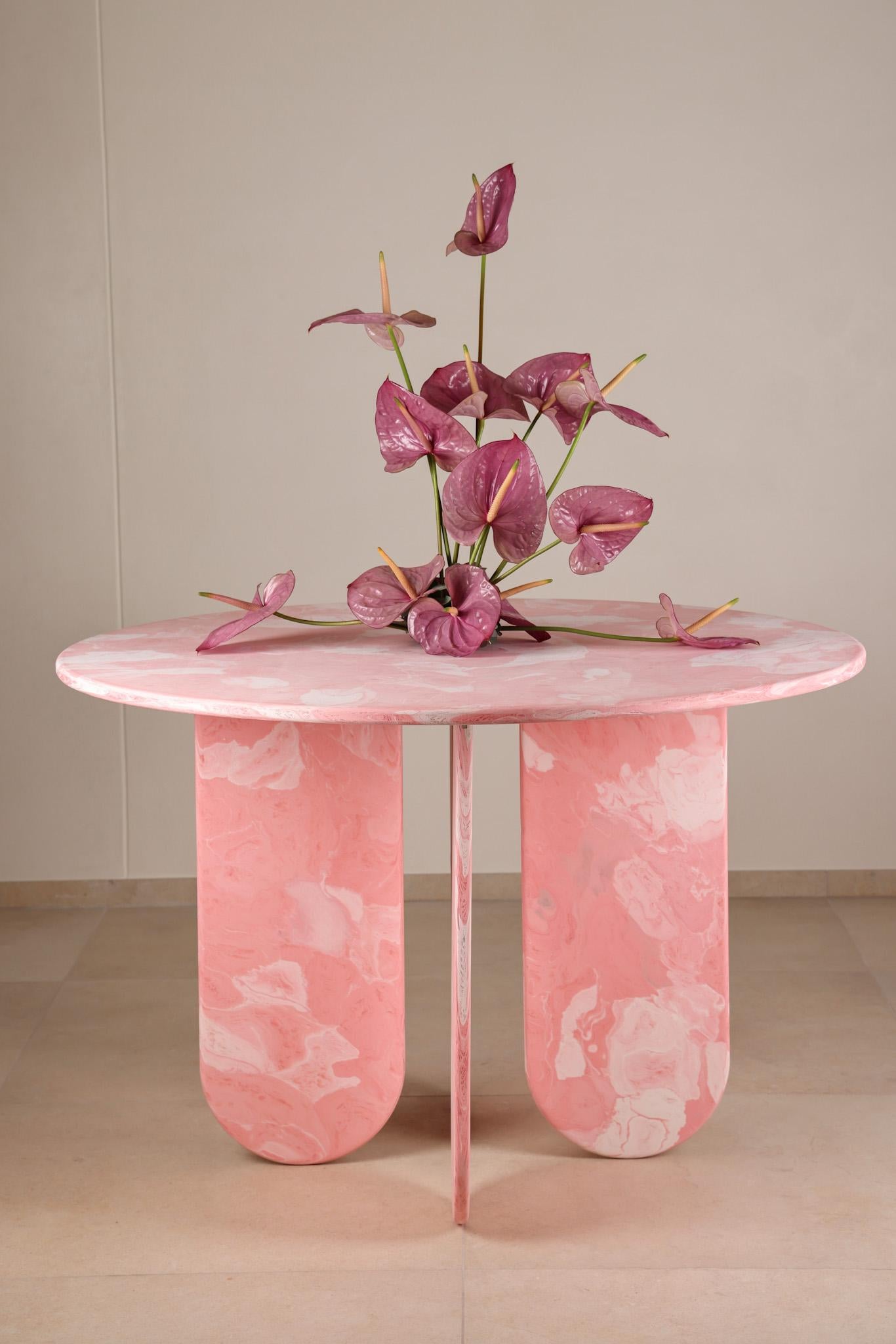 Contemporary Pink Round Table Hand-Crafted 100% Recycled Plastic by Anqa Studios.
Incredible conversations happen around incredible tables. ANQA Studios round table is a geometrically shaped table with a design inspired by the brutalist architecture