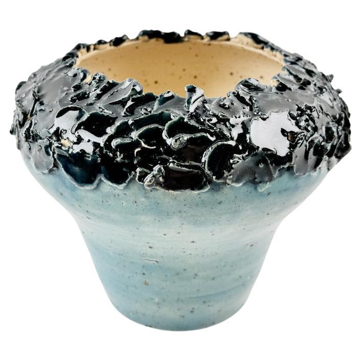 Sustainable Sculptural Ceramic Vessel in Ocean Glaze with Lava Texture