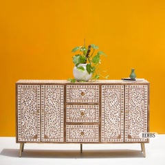 Sustainable Teak Wood Inlay Buffet Cabinet with Brass Knobs by House of Jaipur
