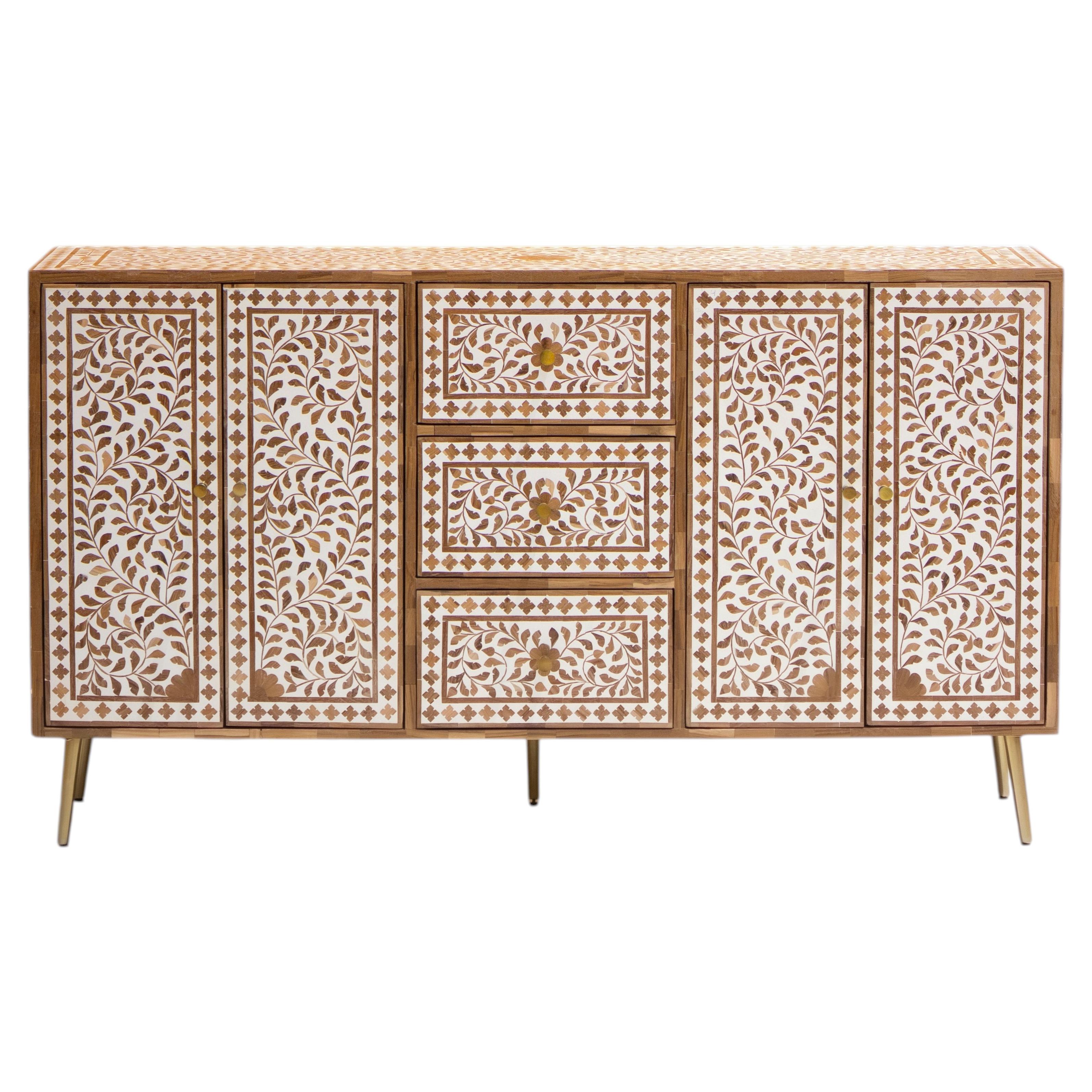 Sustainable Teak Wood Inlay Buffet Cabinet with Brass Knobs by House of Jaipur
