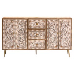 Sustainable Teak Wood Inlay Buffet Cabinet with Brass Knobs by House of Jaipur