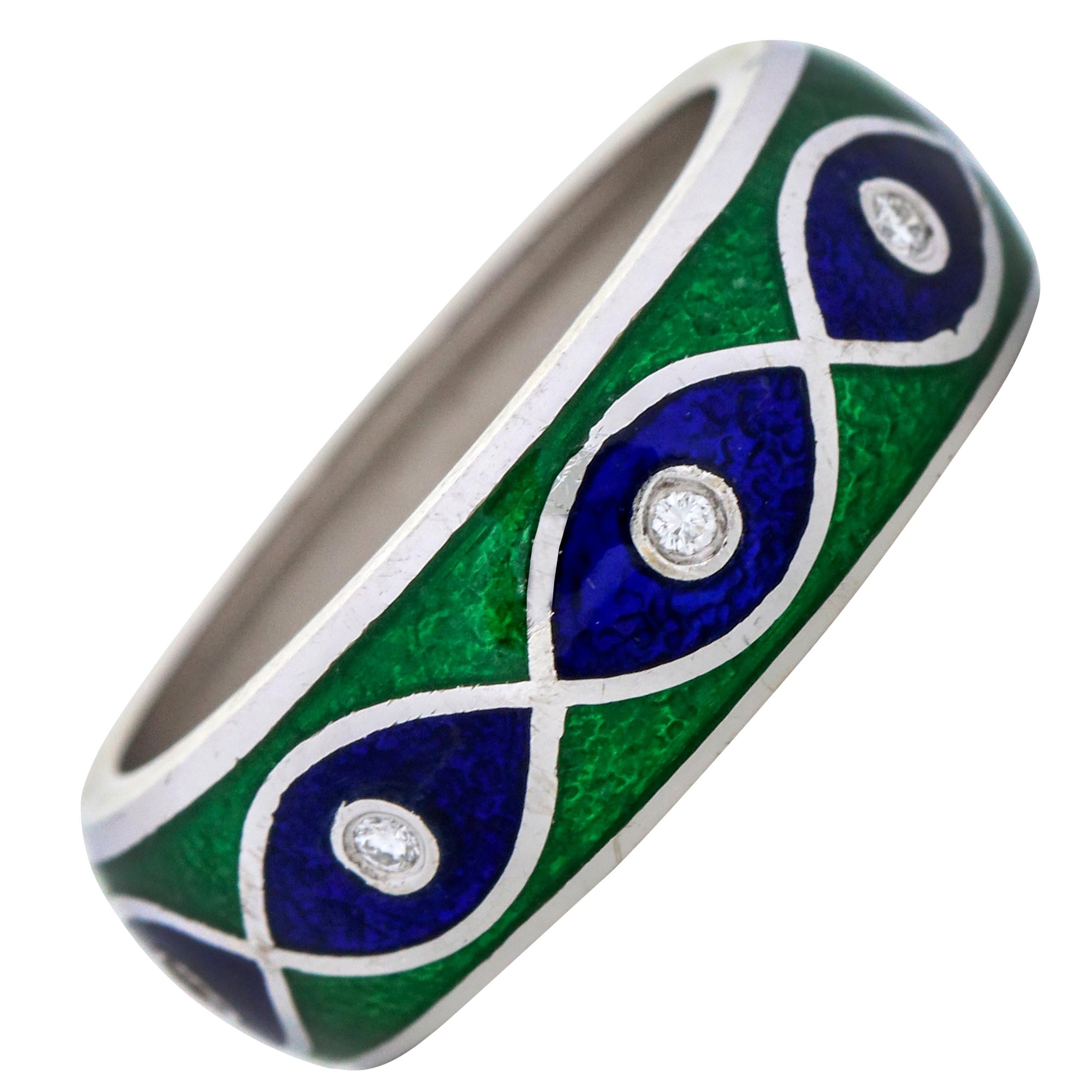 Susy Mor 14 Karat White Gold Blue Green Enamel Diamond Band Ring For Sale