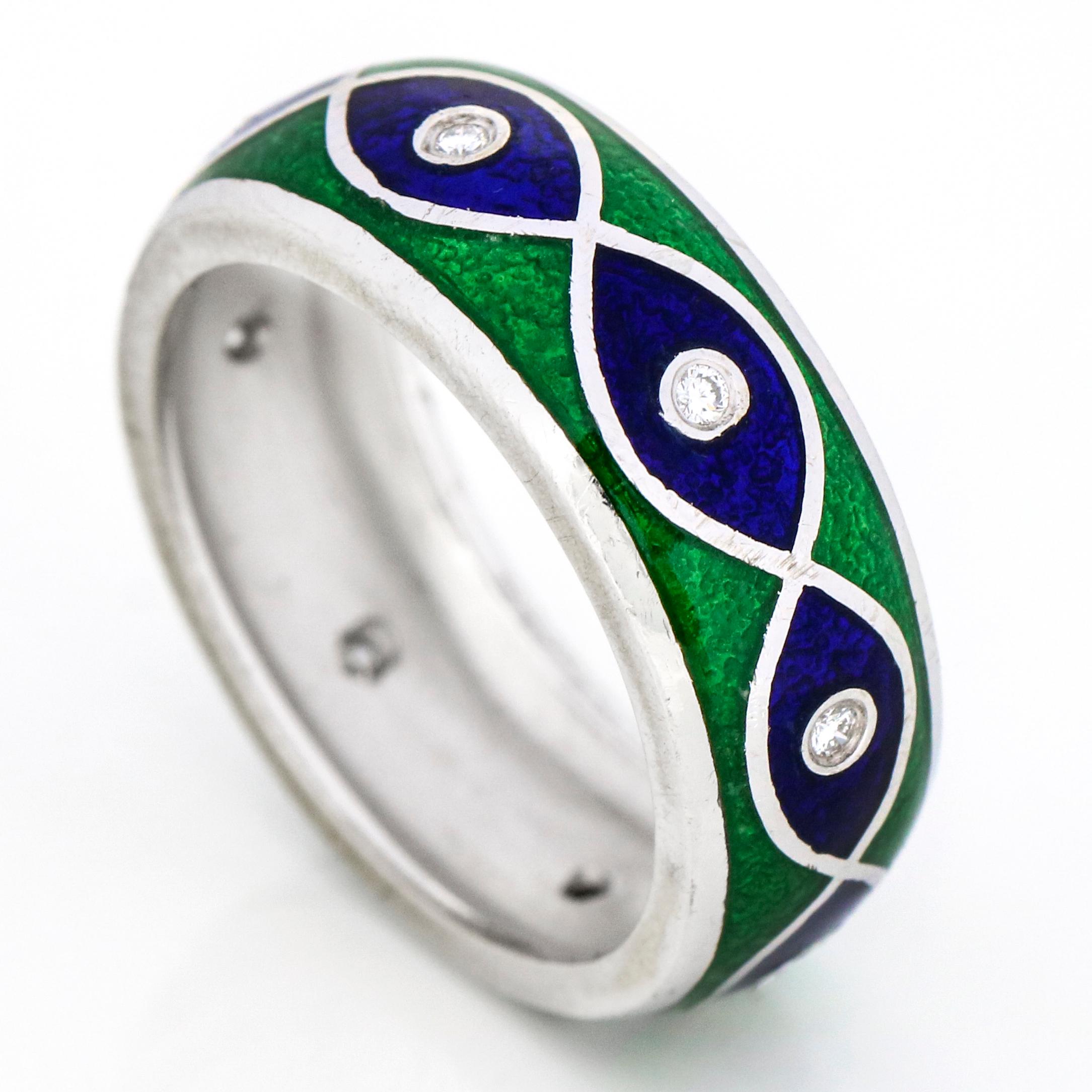 Contemporary Susy Mor 14 Karat White Gold Blue Green Enamel Diamond Band Ring For Sale