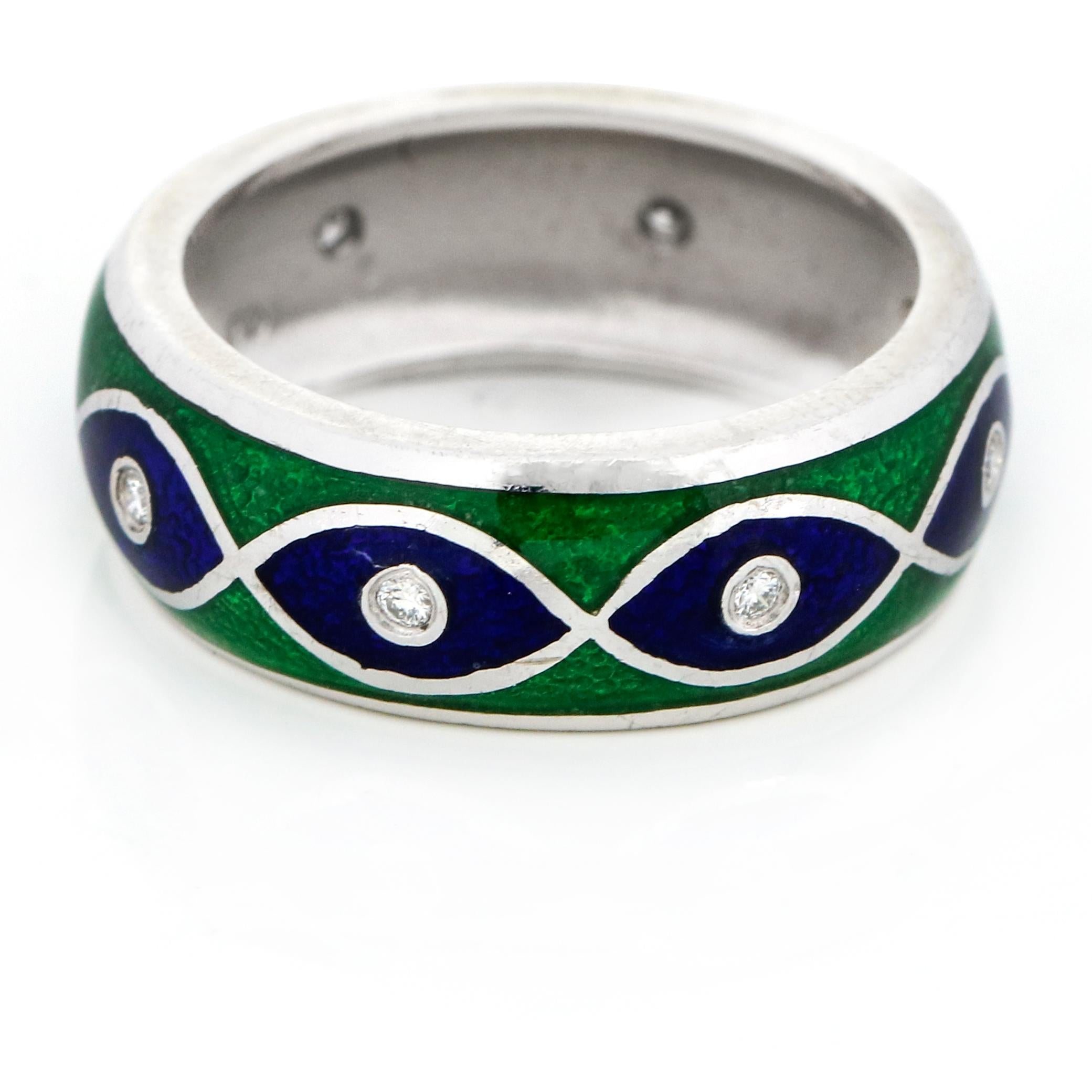 Round Cut Susy Mor 14 Karat White Gold Blue Green Enamel Diamond Band Ring For Sale