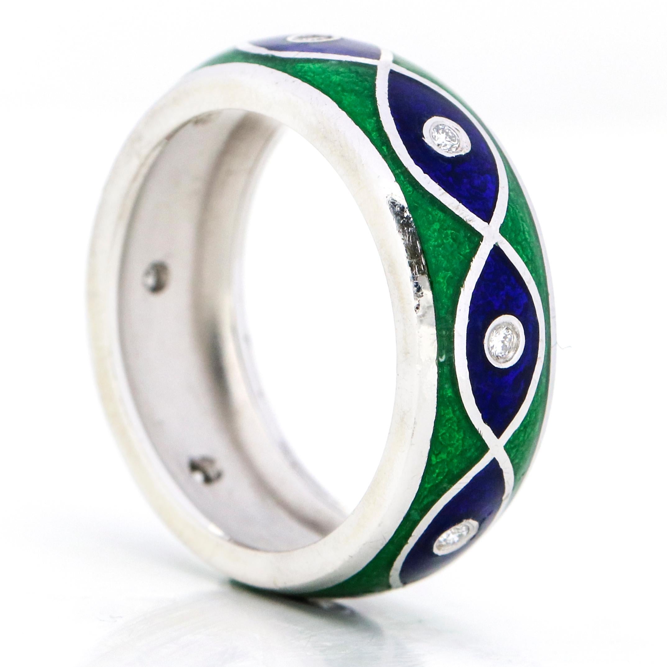 Susy Mor 14 Karat White Gold Blue Green Enamel Diamond Band Ring In Good Condition For Sale In Fort Lauderdale, FL