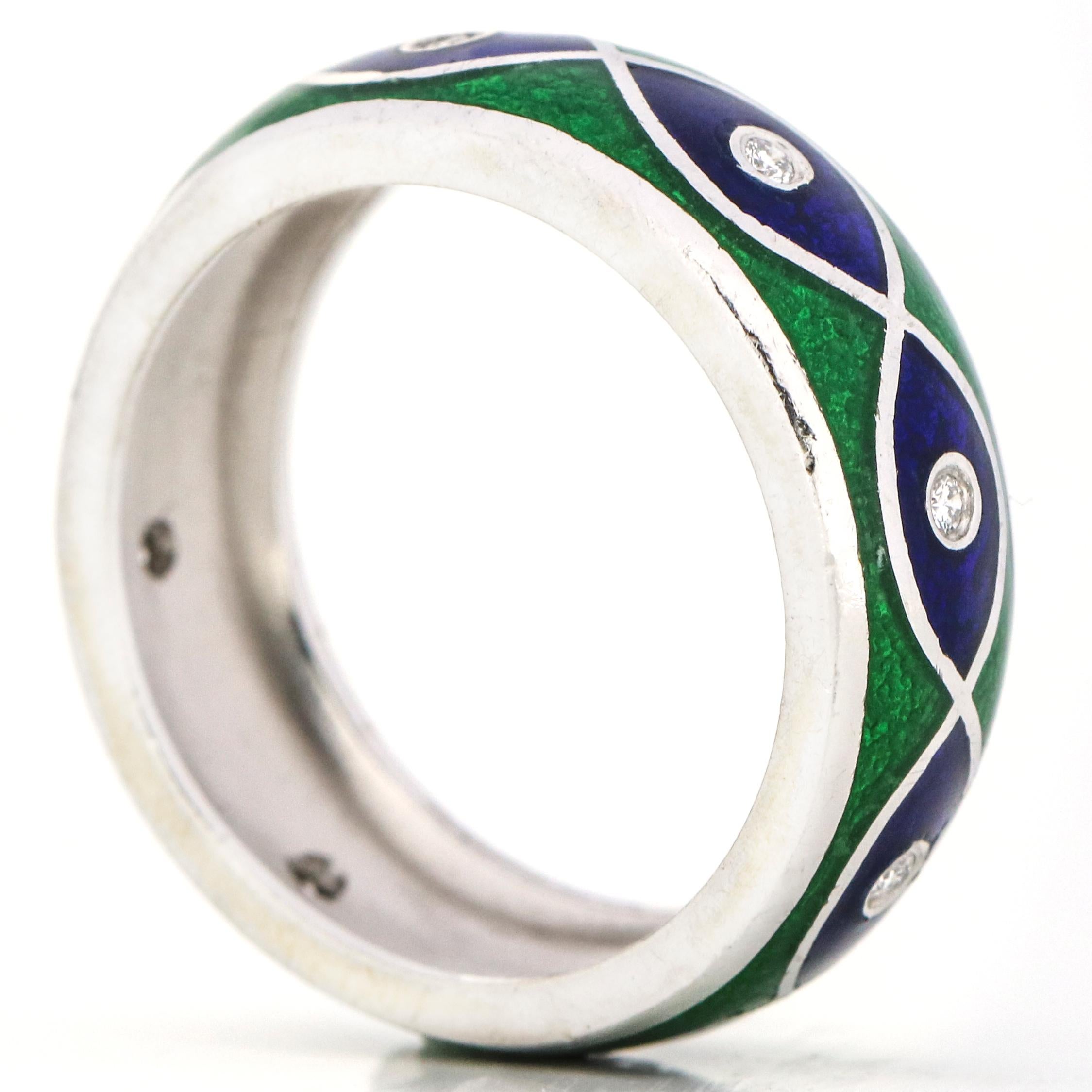 Women's Susy Mor 14 Karat White Gold Blue Green Enamel Diamond Band Ring For Sale