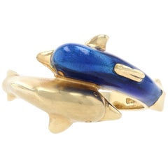 Vintage Susy Mor Blue Enamel Dolphin Bypass Ring Yellow Gold, 18 Karat Ocean Life