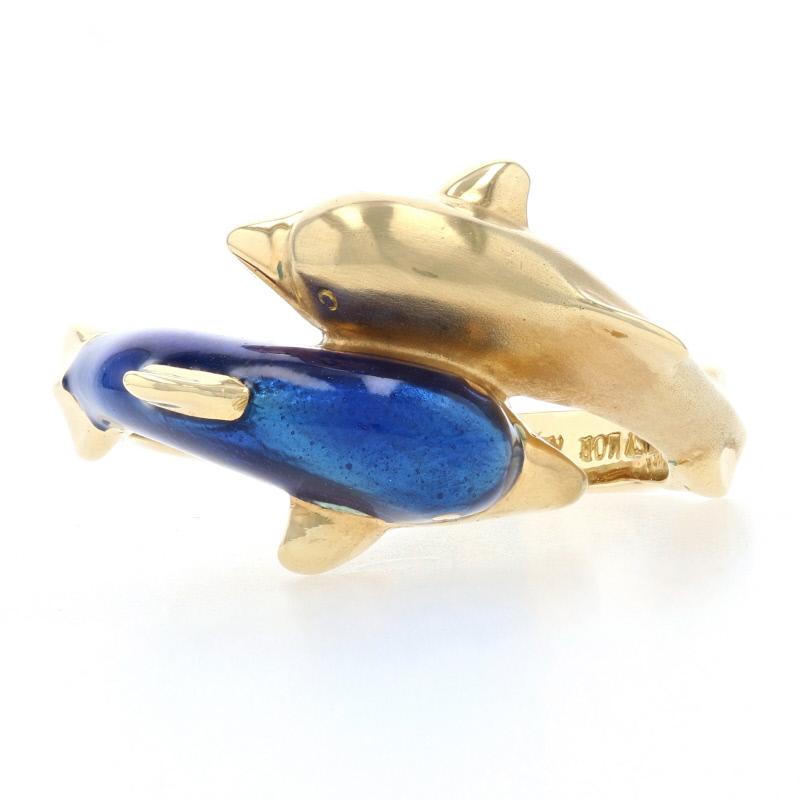 Susy Mor Blue Enamel Dolphin Bypass Ring Yellow Gold, 18 Karat Ocean Life In Excellent Condition In Greensboro, NC