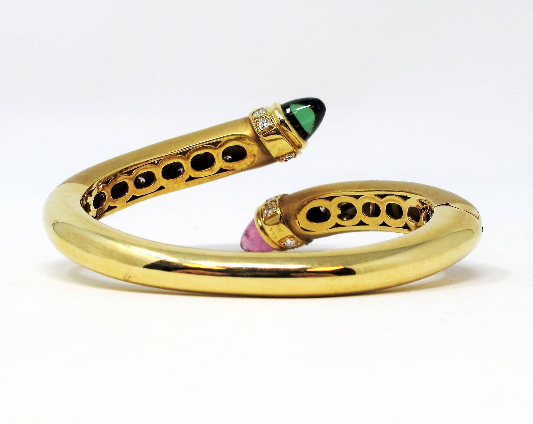 Contemporary Susy Mor Pink and Green Tourmaline and Diamond Bypass Bangle Bracelet 18K Gold For Sale