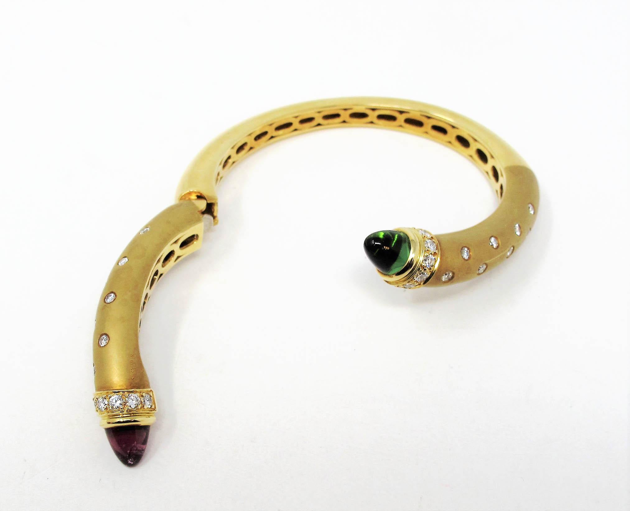 Cabochon Susy Mor Pink and Green Tourmaline and Diamond Bypass Bangle Bracelet 18K Gold For Sale