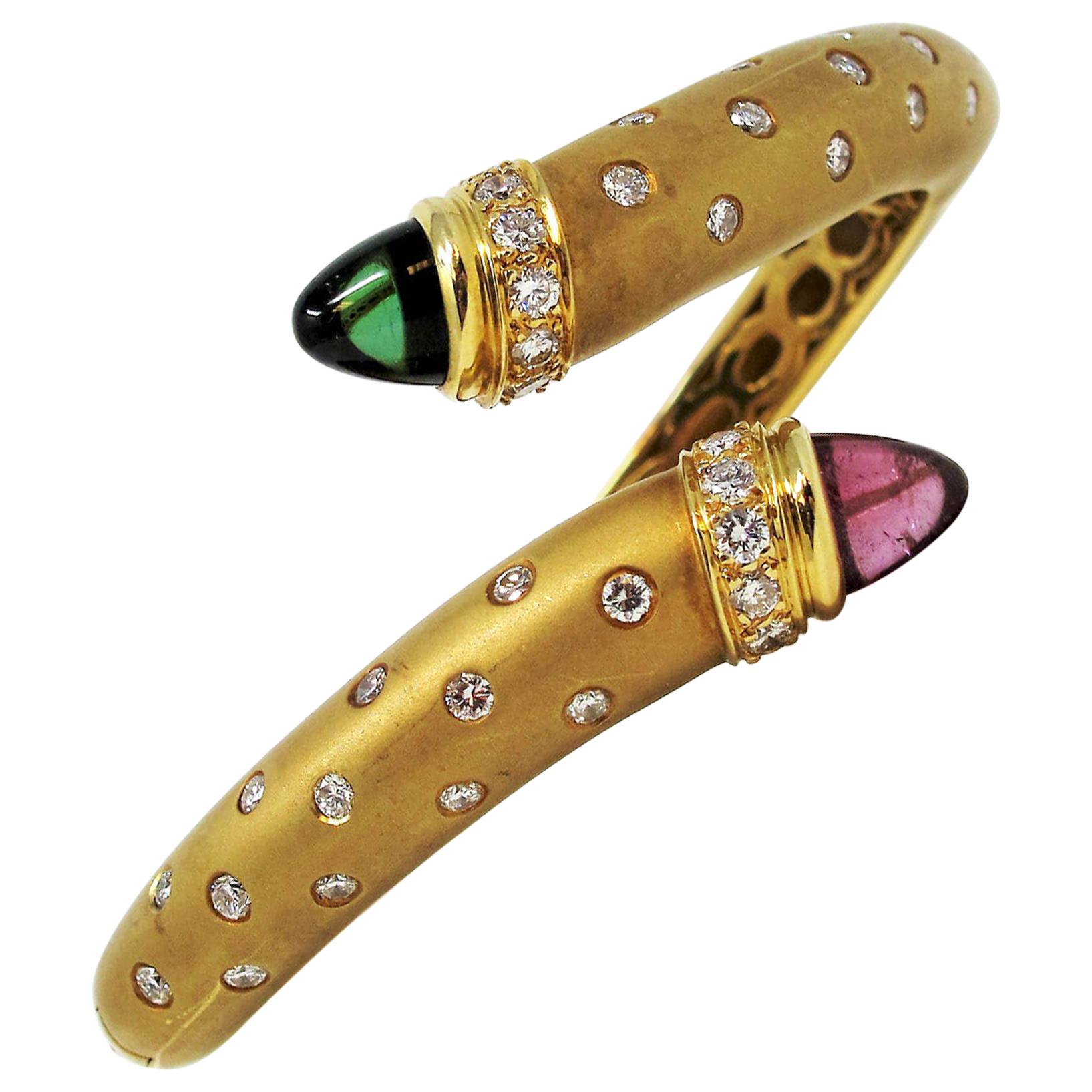 Susy Mor Pink and Green Tourmaline and Diamond Bypass Bangle Bracelet 18K Gold For Sale