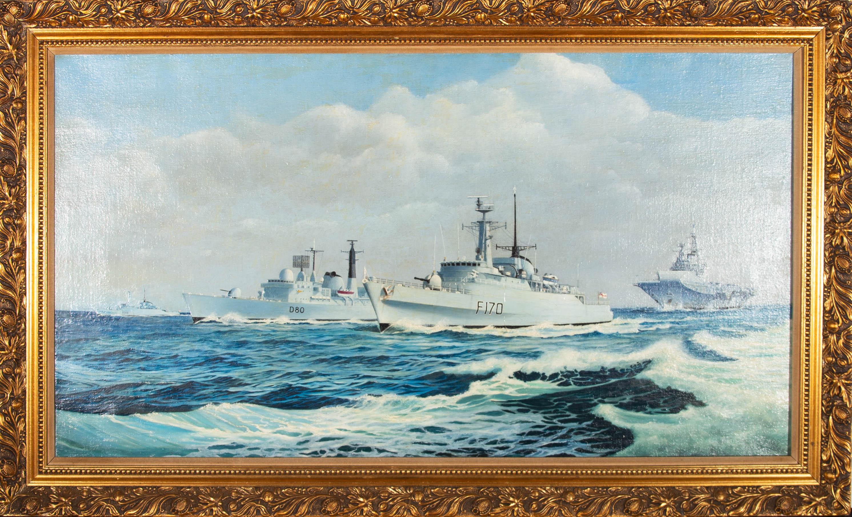 An attractive oil painting, depicting a seascape with four ships - HMS Antelope Type 21 frigate,
HMS Sheffield Type 42 and HMS Ardent Type 21
frigate followed by an aircraft carrier. Signed 'Sutcliffe' to the lower left-hand corner. Presented in a